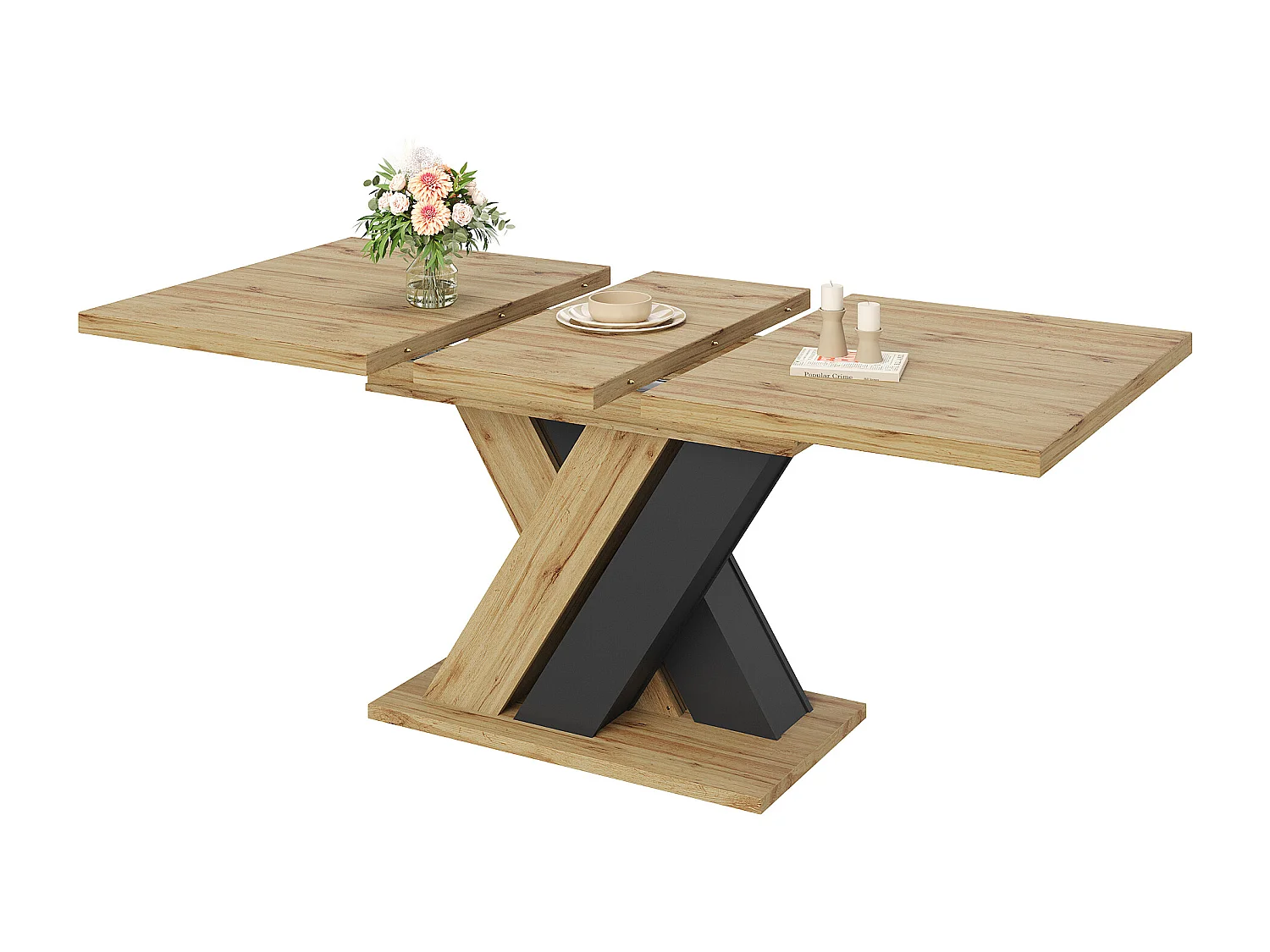 Table à manger extensible 119/158.5x80x75 cm - Pour 6 personnes - Pieds de table en forme de X - MDF + métal - Naturel