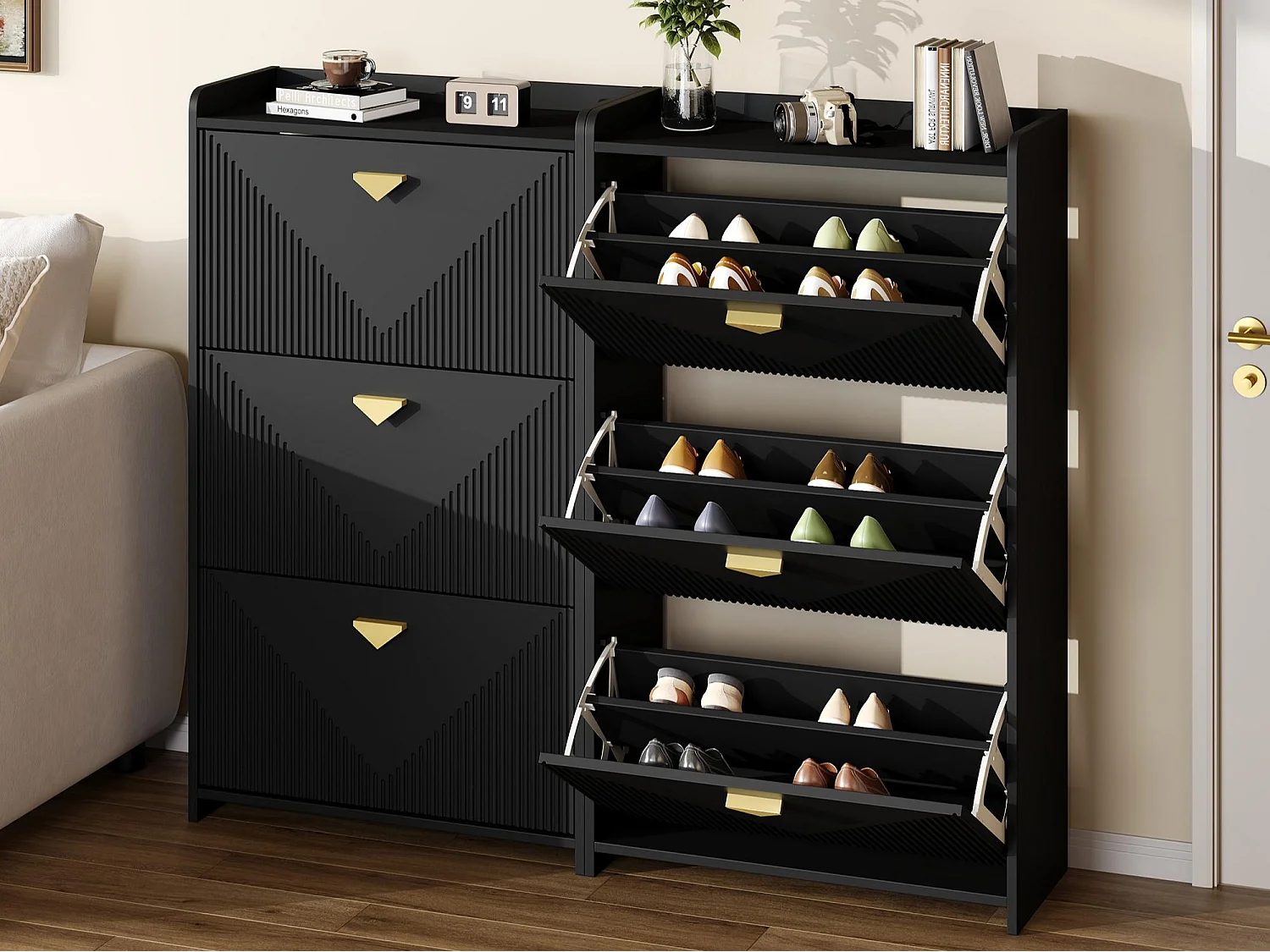 Set aus 2 Schuhschränken 140x30x120 cm - 6 Klapptüren - 12 Staufächer - MDF - Schwarz