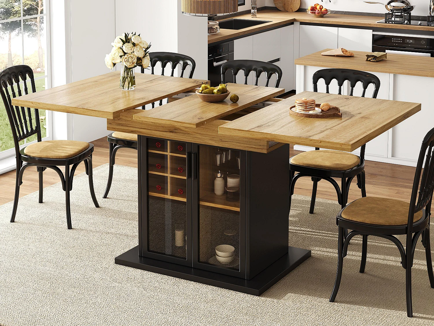 Table à manger extensible (110-140 x 80 cm) - pour 4 à 6 personnes - avec casier à vin - porte en verre - noir