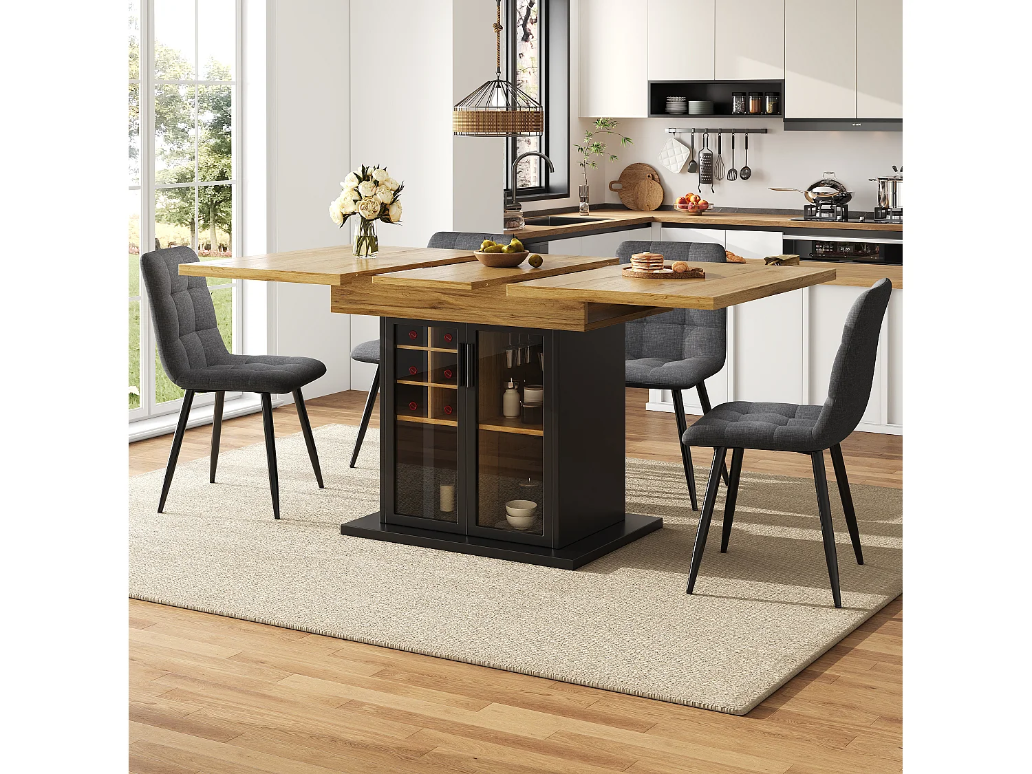 Table à manger extensible (110-140 x 80 cm) - pour 4 à 6 personnes - avec casier à vin - porte en verre - noir