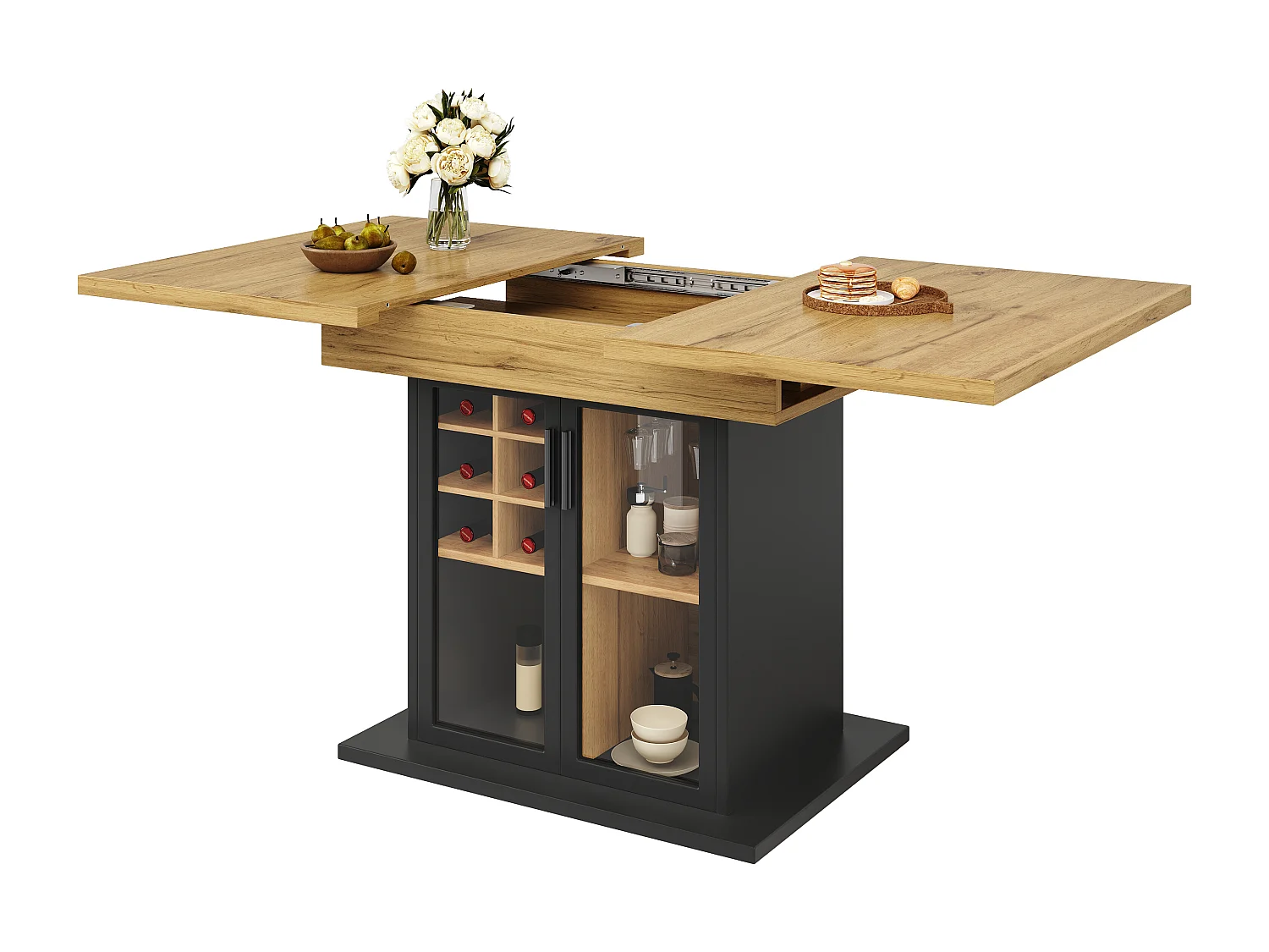 Table à manger extensible (110-140 x 80 cm) - pour 4 à 6 personnes - avec casier à vin - porte en verre - noir