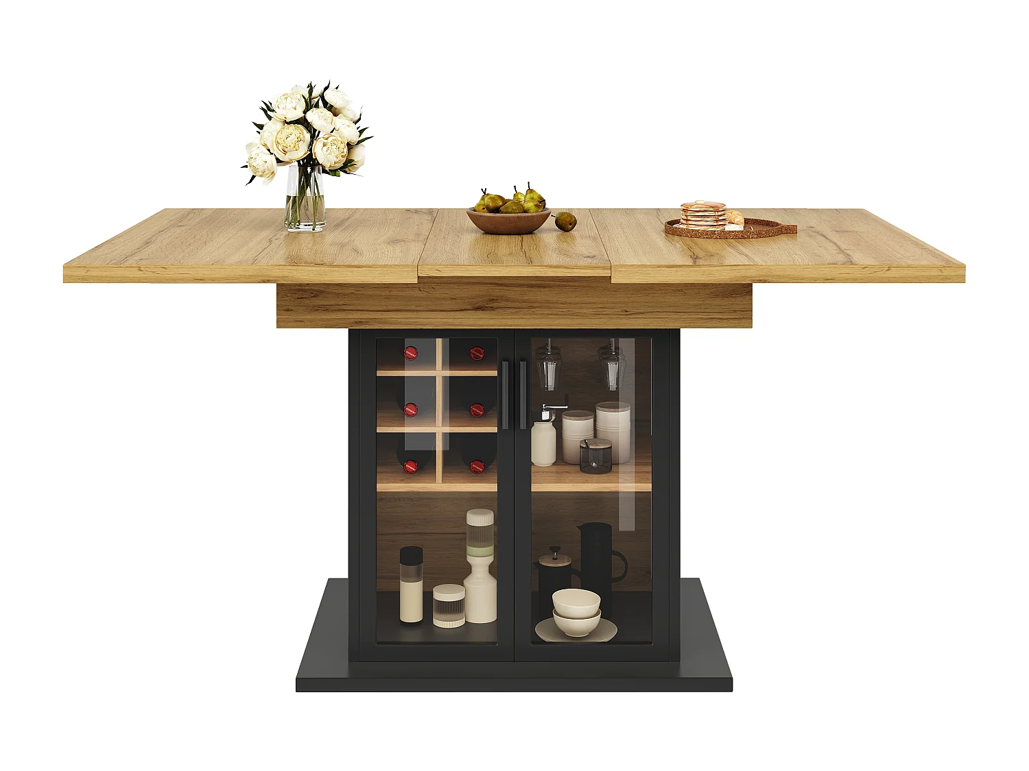 Table à manger extensible (110-140 x 80 cm) - pour 4 à 6 personnes - avec casier à vin - porte en verre - noir