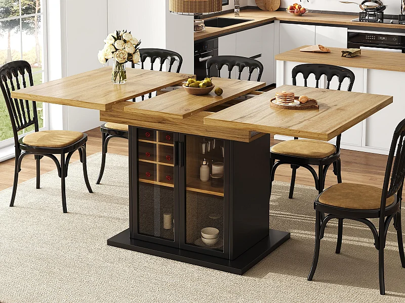 Table à manger extensible (110-140 x 80 cm) - pour 4 à 6 personnes - avec casier à vin - porte en verre - noir