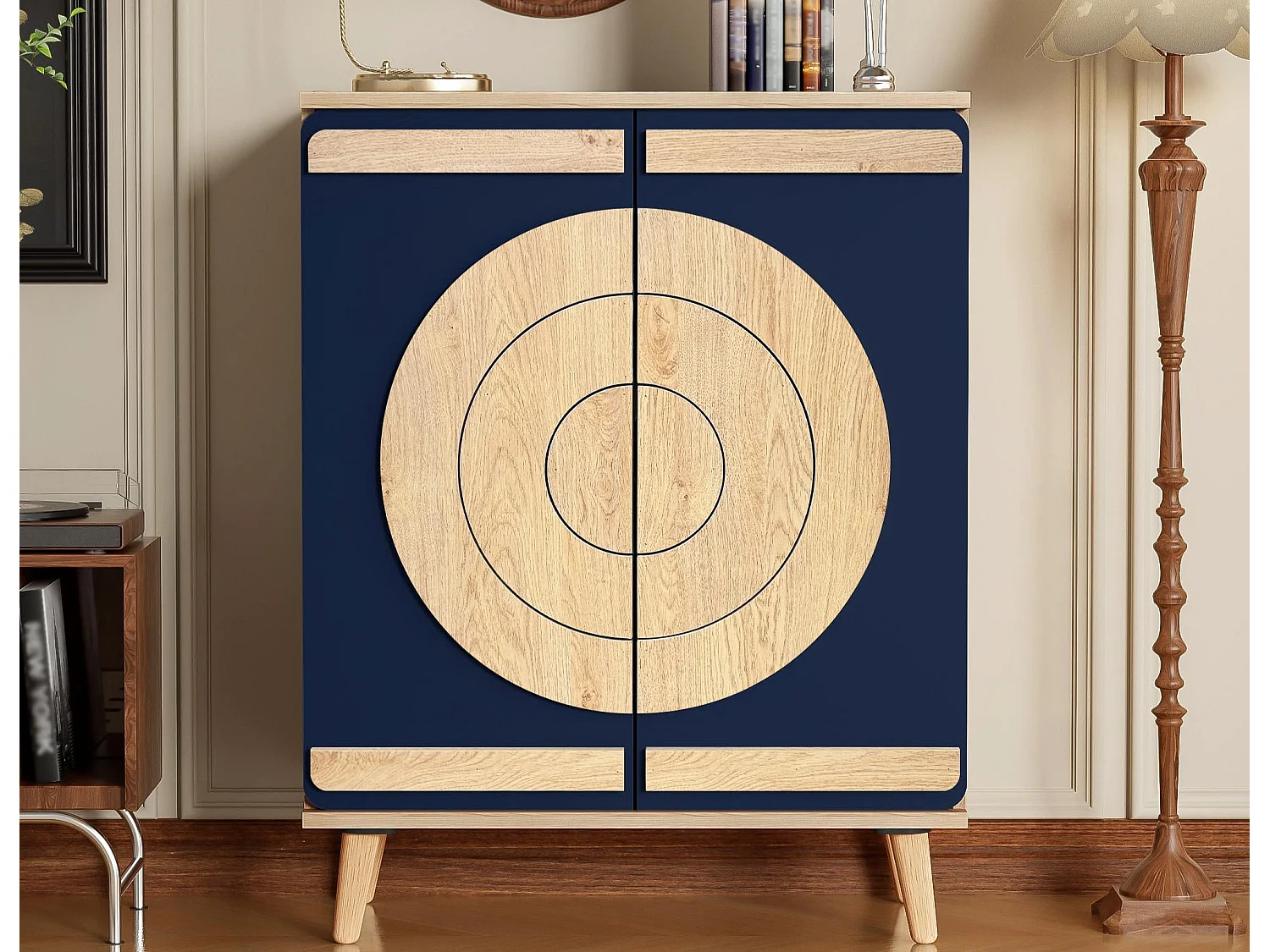 Moderner Schuhschrank 76x37x98,5 cm - mit 2 Türen - Mehrstufiges Aufbewahrungssystem - Holzfüße - Blau und natur