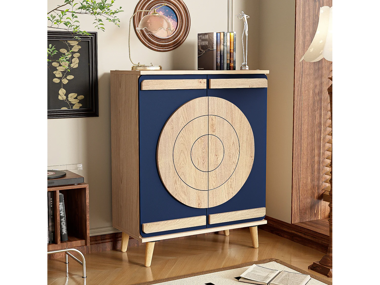 Moderner Schuhschrank 76x37x98,5 cm - mit 2 Türen - Mehrstufiges Aufbewahrungssystem - Holzfüße - Blau und natur