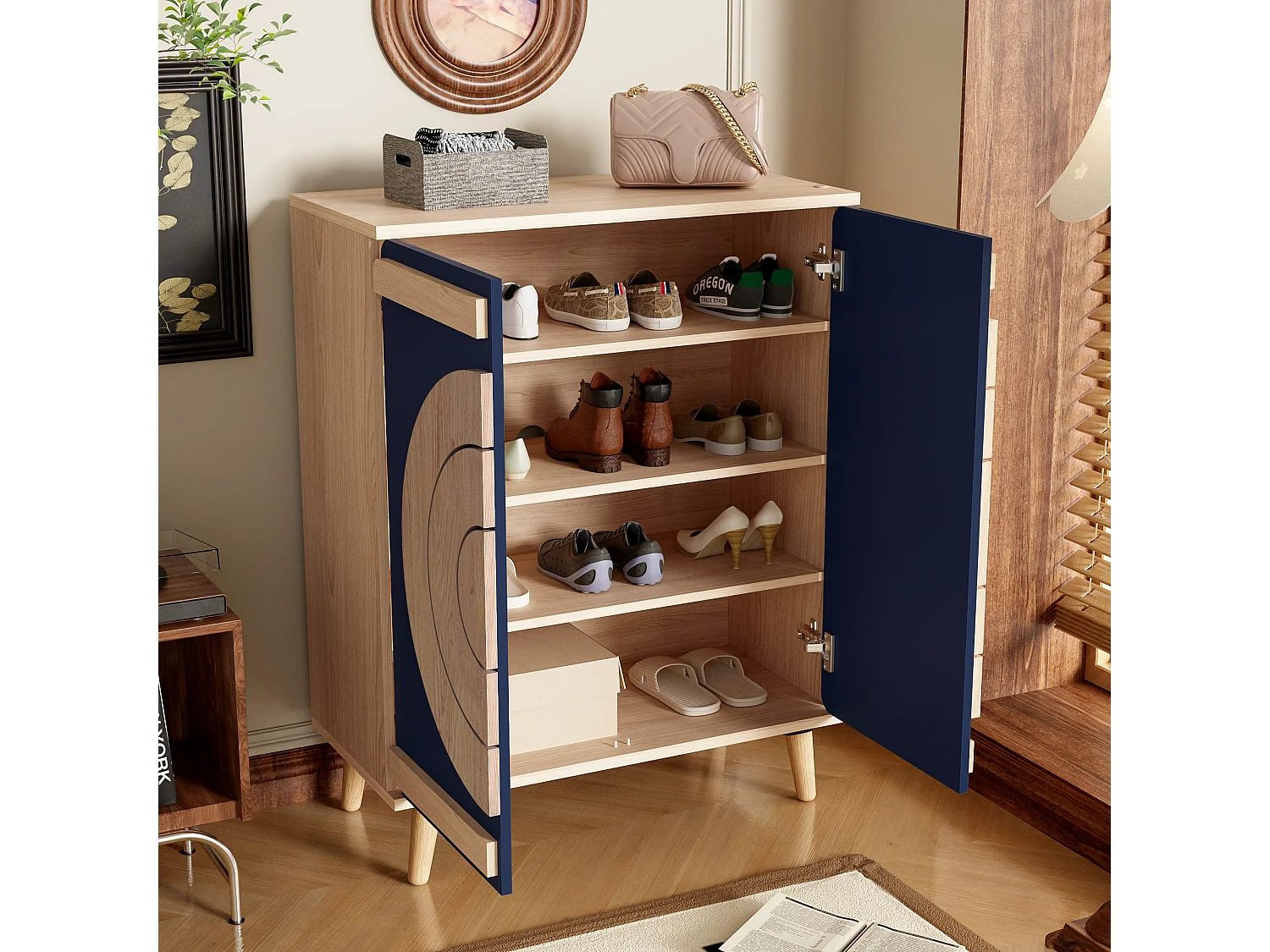 Moderner Schuhschrank 76x37x98,5 cm - mit 2 Türen - Mehrstufiges Aufbewahrungssystem - Holzfüße - Blau und natur