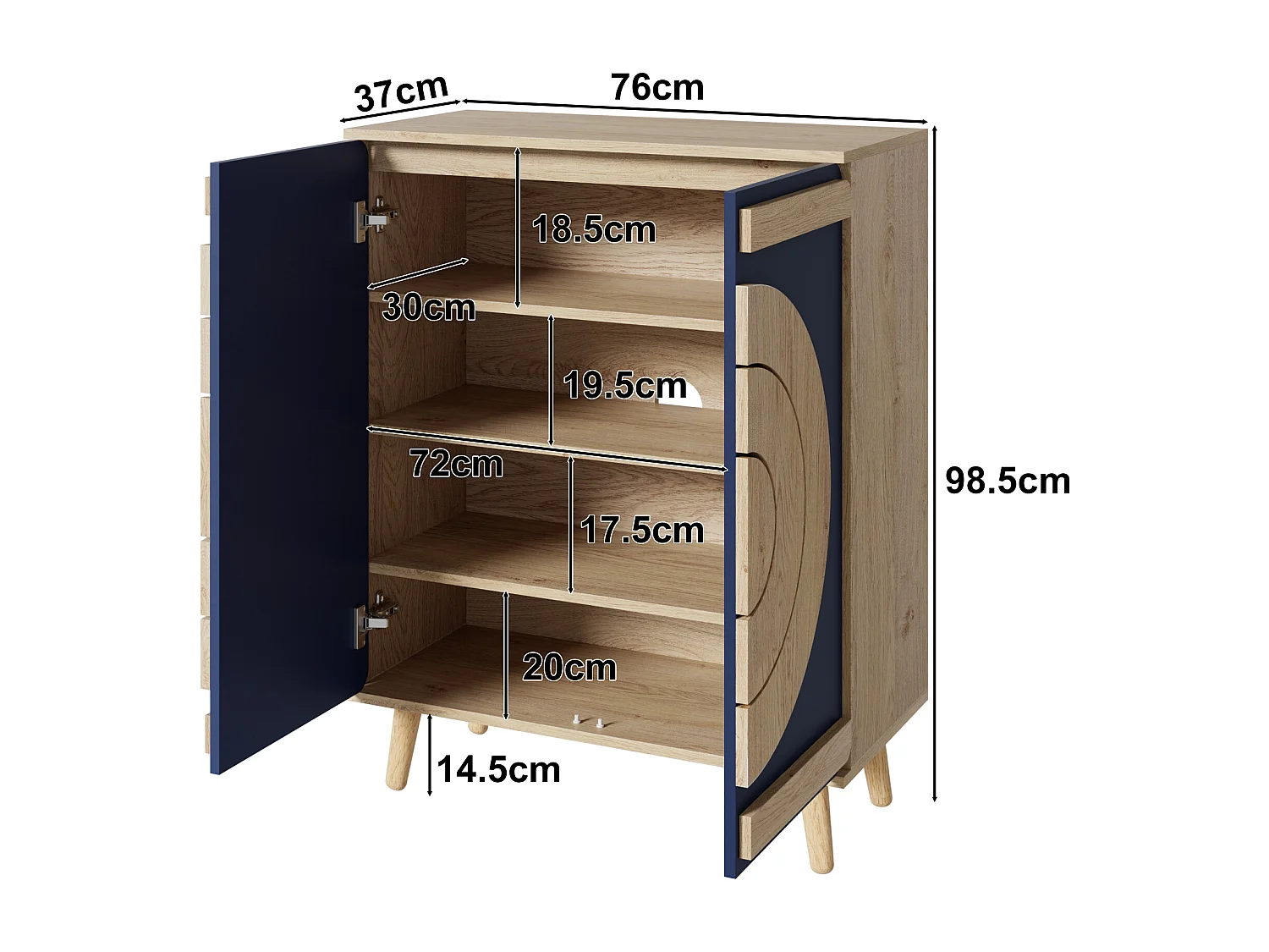 Moderner Schuhschrank 76x37x98,5 cm - mit 2 Türen - Mehrstufiges Aufbewahrungssystem - Holzfüße - Blau und natur