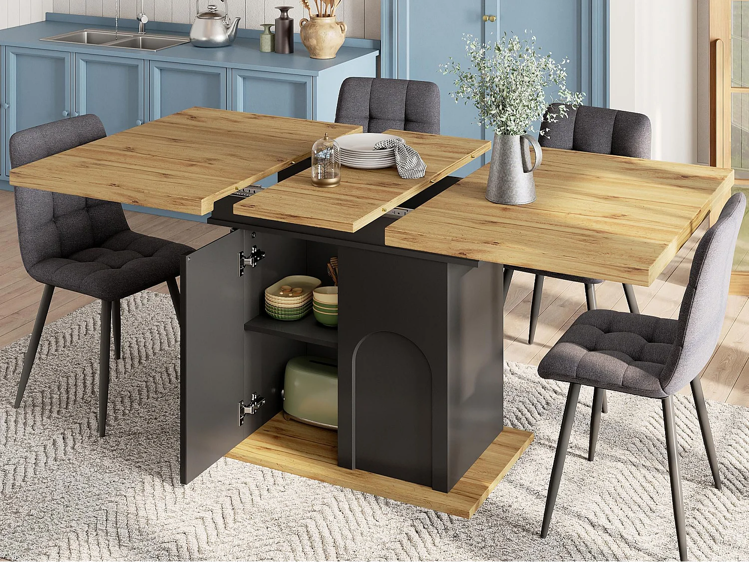 Table à manger extensible 110/140x80x76 cm - Pour 6 personnes - Pieds réglables - avec meuble de rangement - Noir