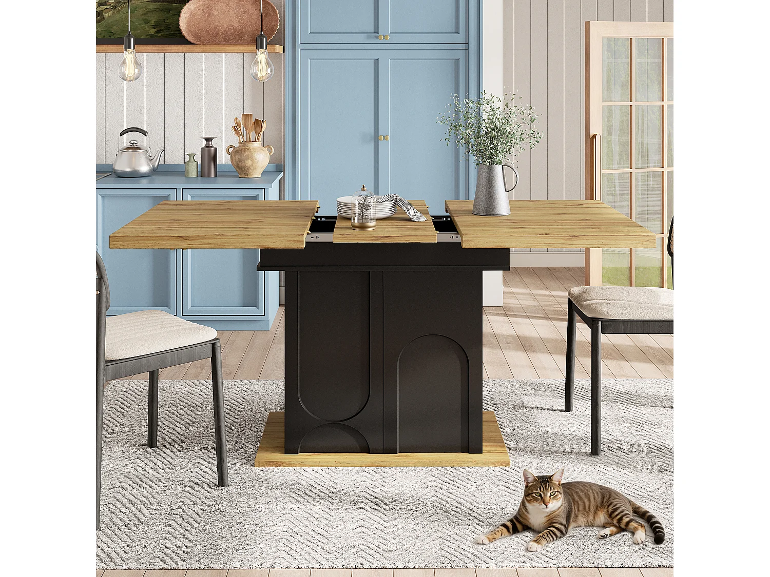 Table à manger extensible 110/140x80x76 cm - Pour 6 personnes - Pieds réglables - avec meuble de rangement - Noir