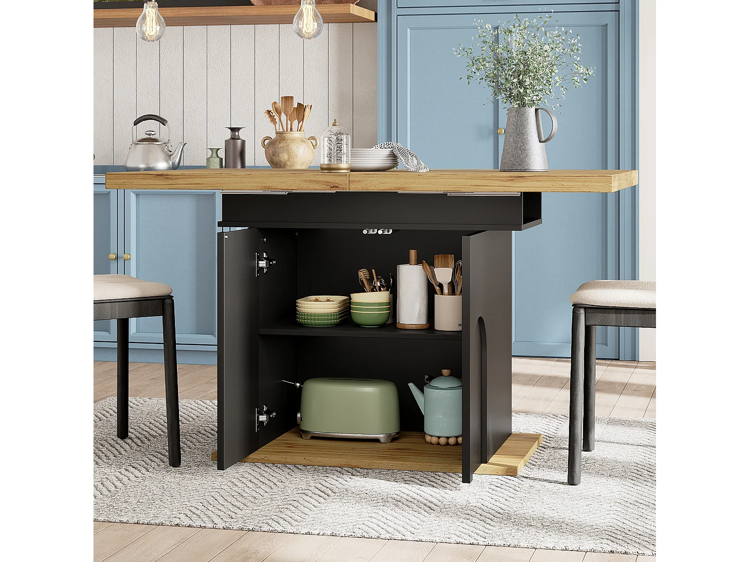 Table à manger extensible 110/140x80x76 cm - Pour 6 personnes - Pieds réglables - avec meuble de rangement - Noir