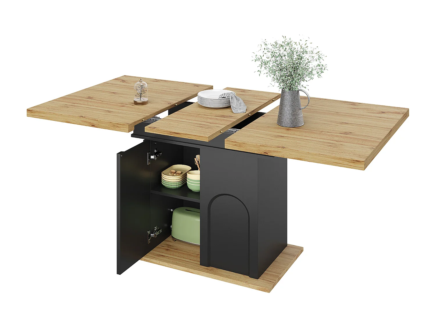 Table à manger extensible 110/140x80x76 cm - Pour 6 personnes - Pieds réglables - avec meuble de rangement - Noir