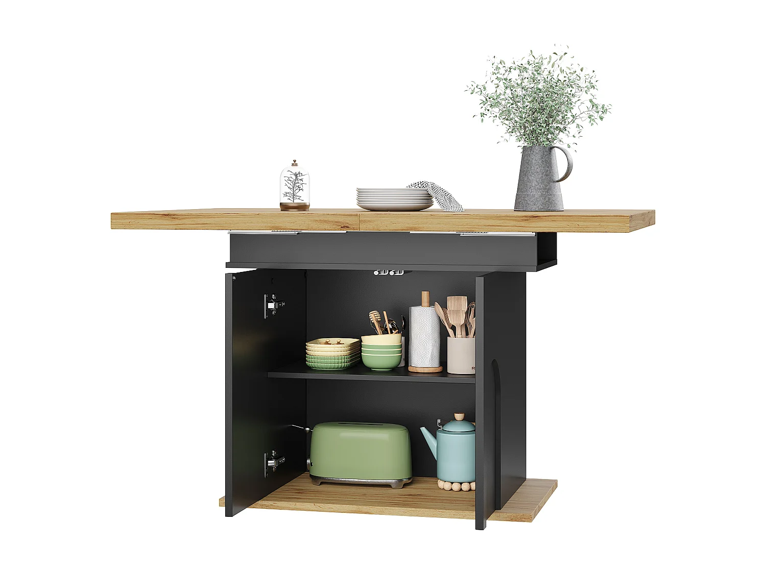 Table à manger extensible 110/140x80x76 cm - Pour 6 personnes - Pieds réglables - avec meuble de rangement - Noir