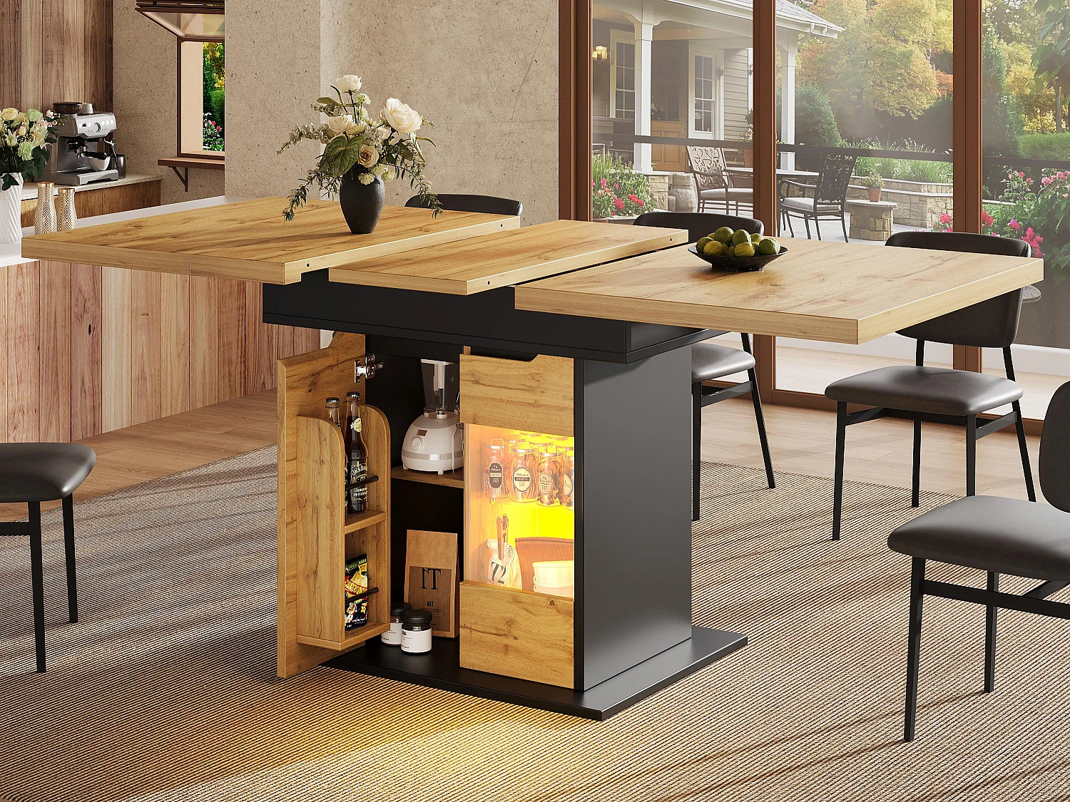 Table à manger extensible (110-140 x 80 cm) - pour 4 à 6 personnes - avec éclairage LED et étagère à snacks - 2 portes - Naturel