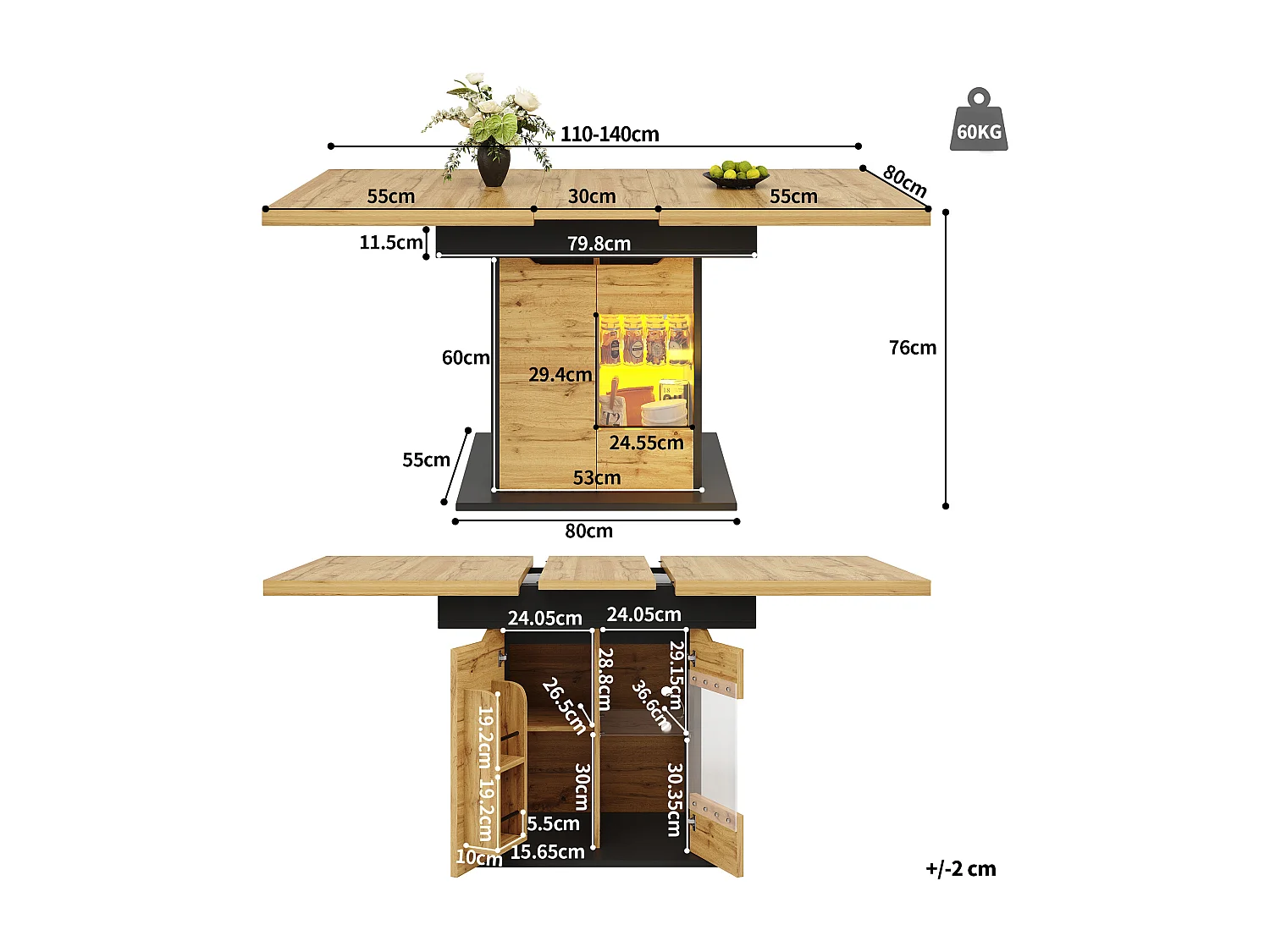 Table à manger extensible (110-140 x 80 cm) - pour 4 à 6 personnes - avec éclairage LED et étagère à snacks - 2 portes - Naturel