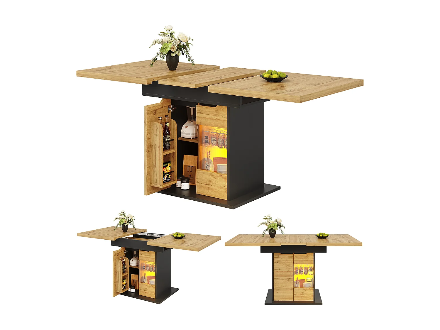 Table à manger extensible (110-140 x 80 cm) - pour 4 à 6 personnes - avec éclairage LED et étagère à snacks - 2 portes - Naturel