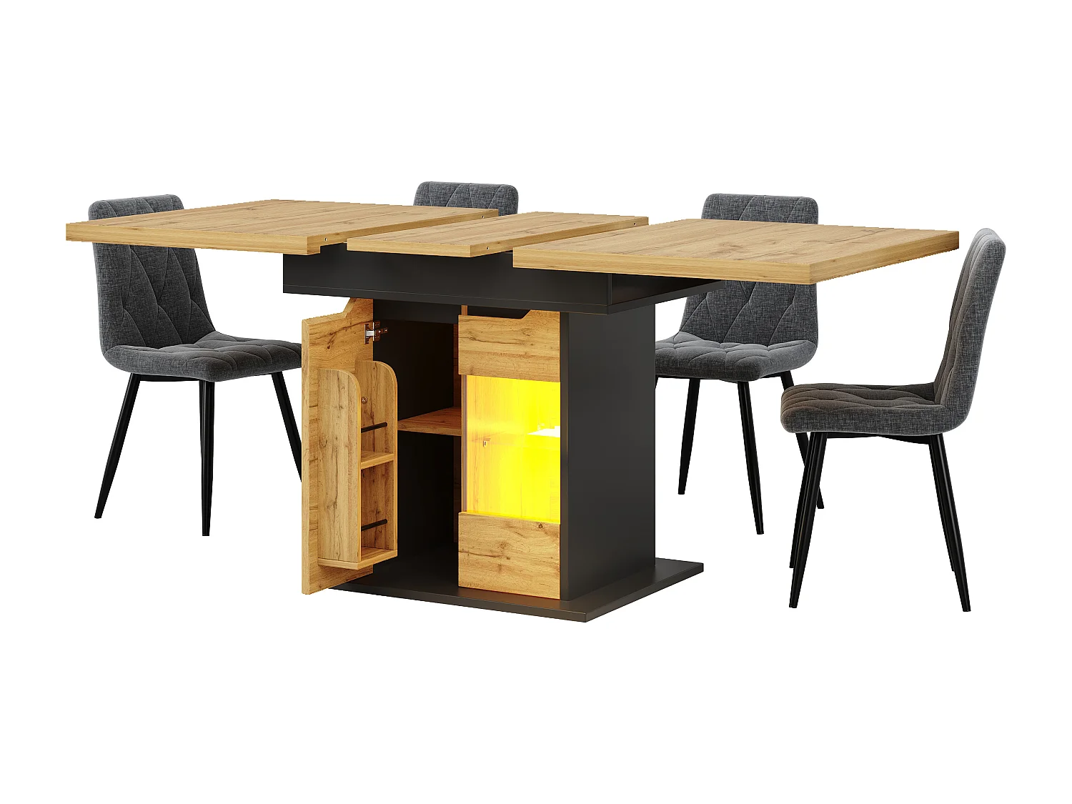 Table à manger extensible (110-140 x 80 cm) - pour 4 à 6 personnes - avec éclairage LED et étagère à snacks - 2 portes - Naturel