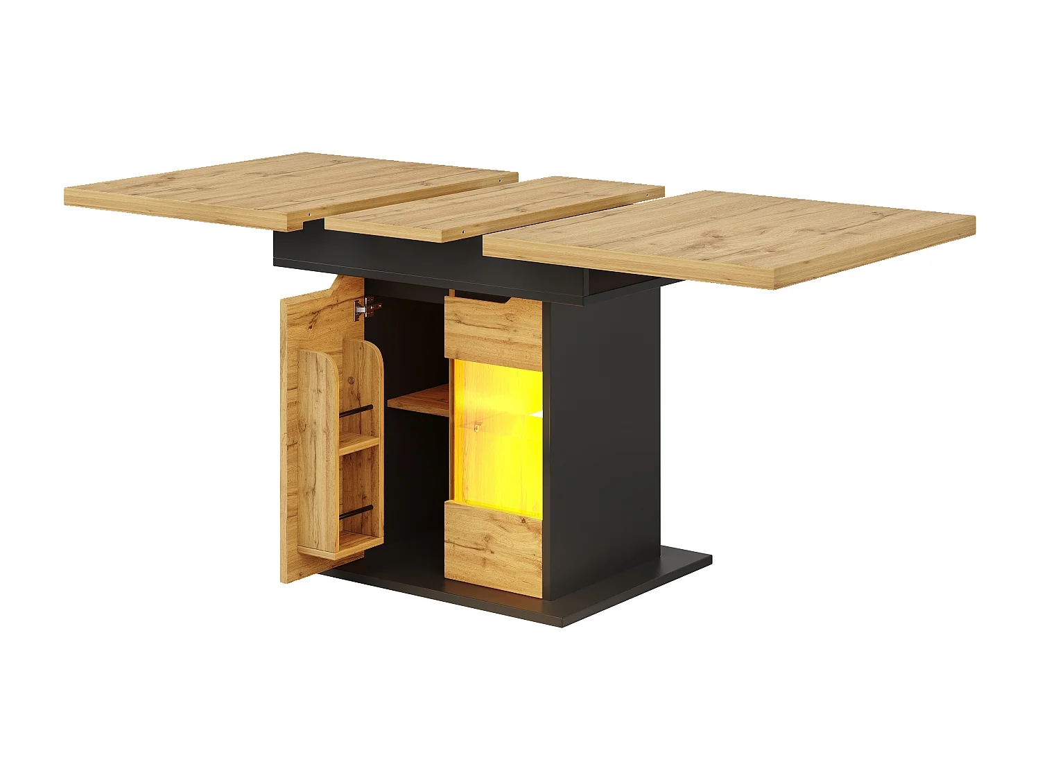 Table à manger extensible (110-140 x 80 cm) - pour 4 à 6 personnes - avec éclairage LED et étagère à snacks - 2 portes - Naturel