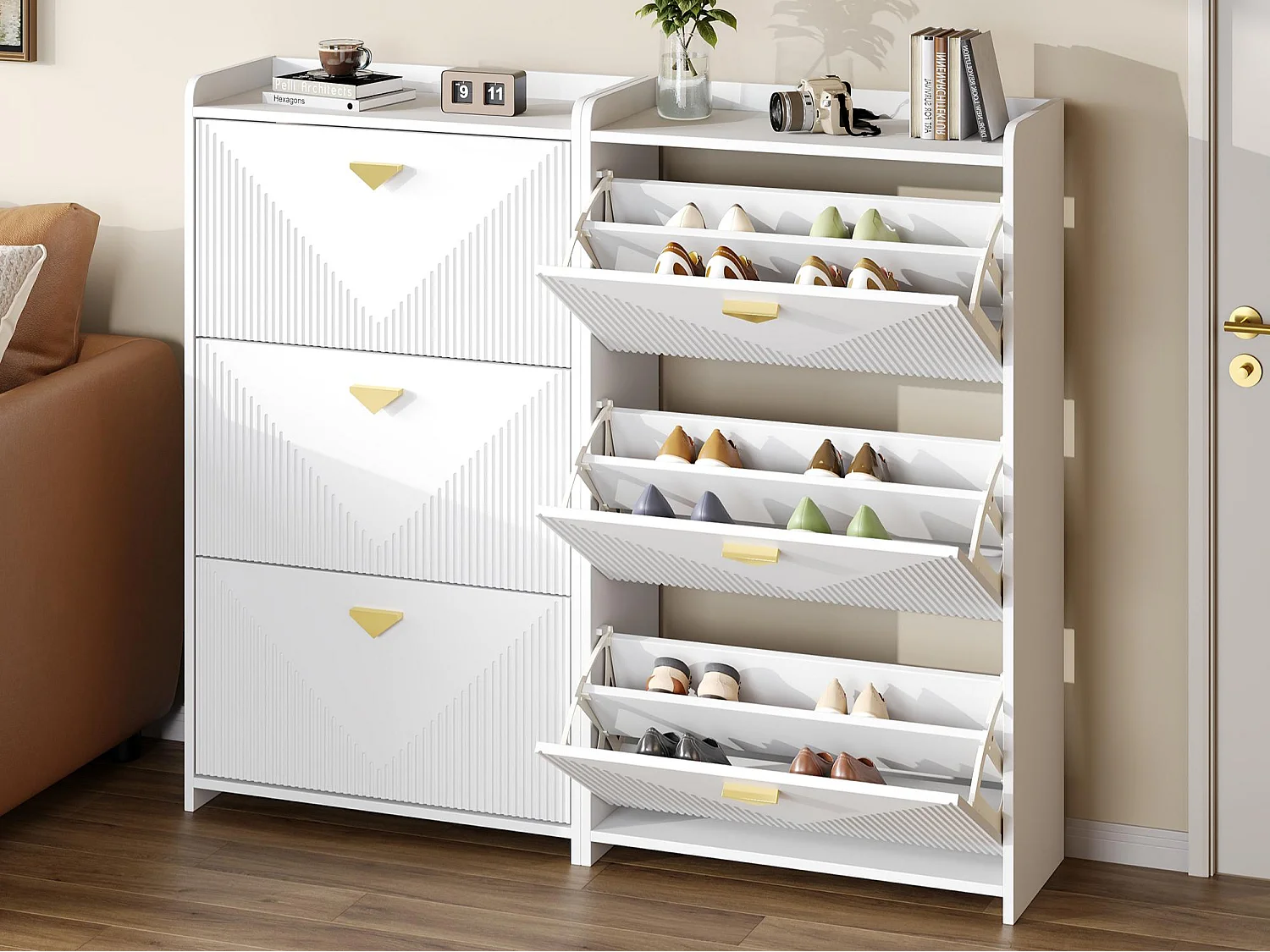 Set aus 2 Schuhschränken 140x30x120 cm - 6 Klapptüren - 12 Staufächer - MDF - Weiß