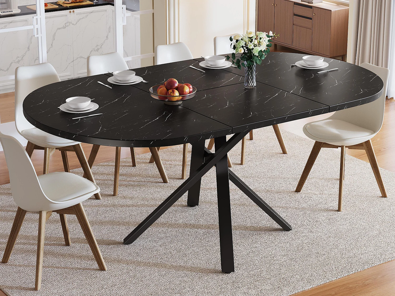 Mesa de jantar redonda extensível - efeito mármore - 100-140 x 75,5 cm - Pés da mesa de metal - preto