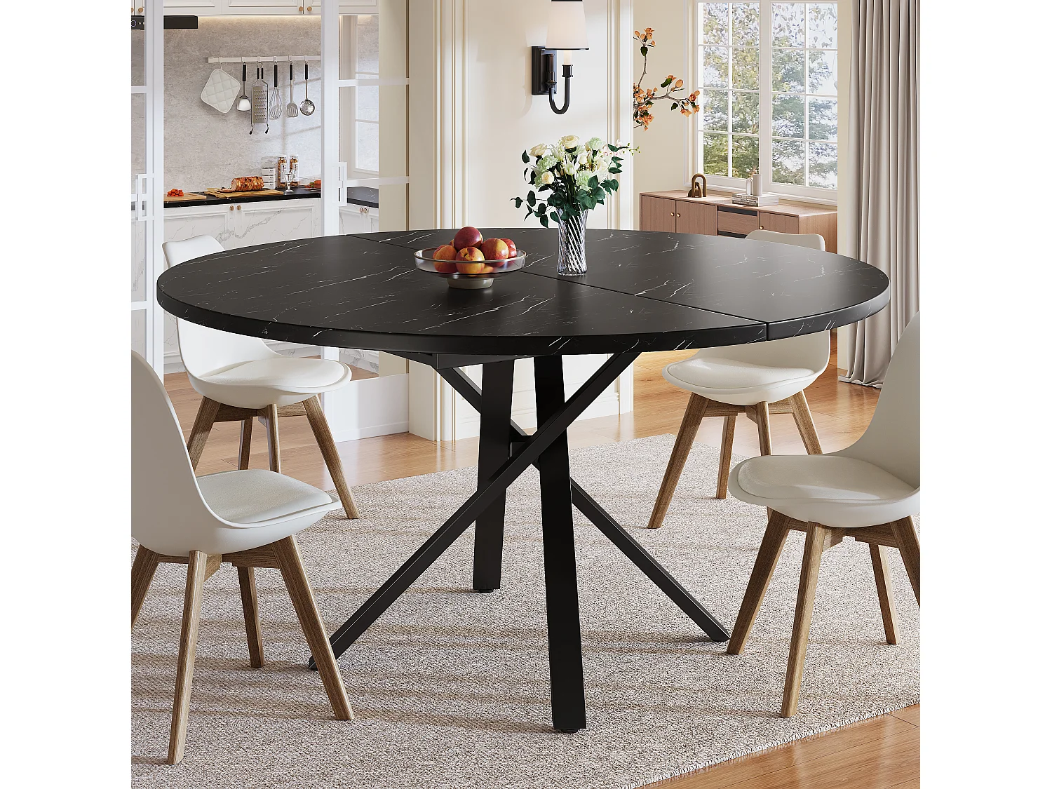 Mesa de jantar redonda extensível - efeito mármore - 100-140 x 75,5 cm - Pés da mesa de metal - preto