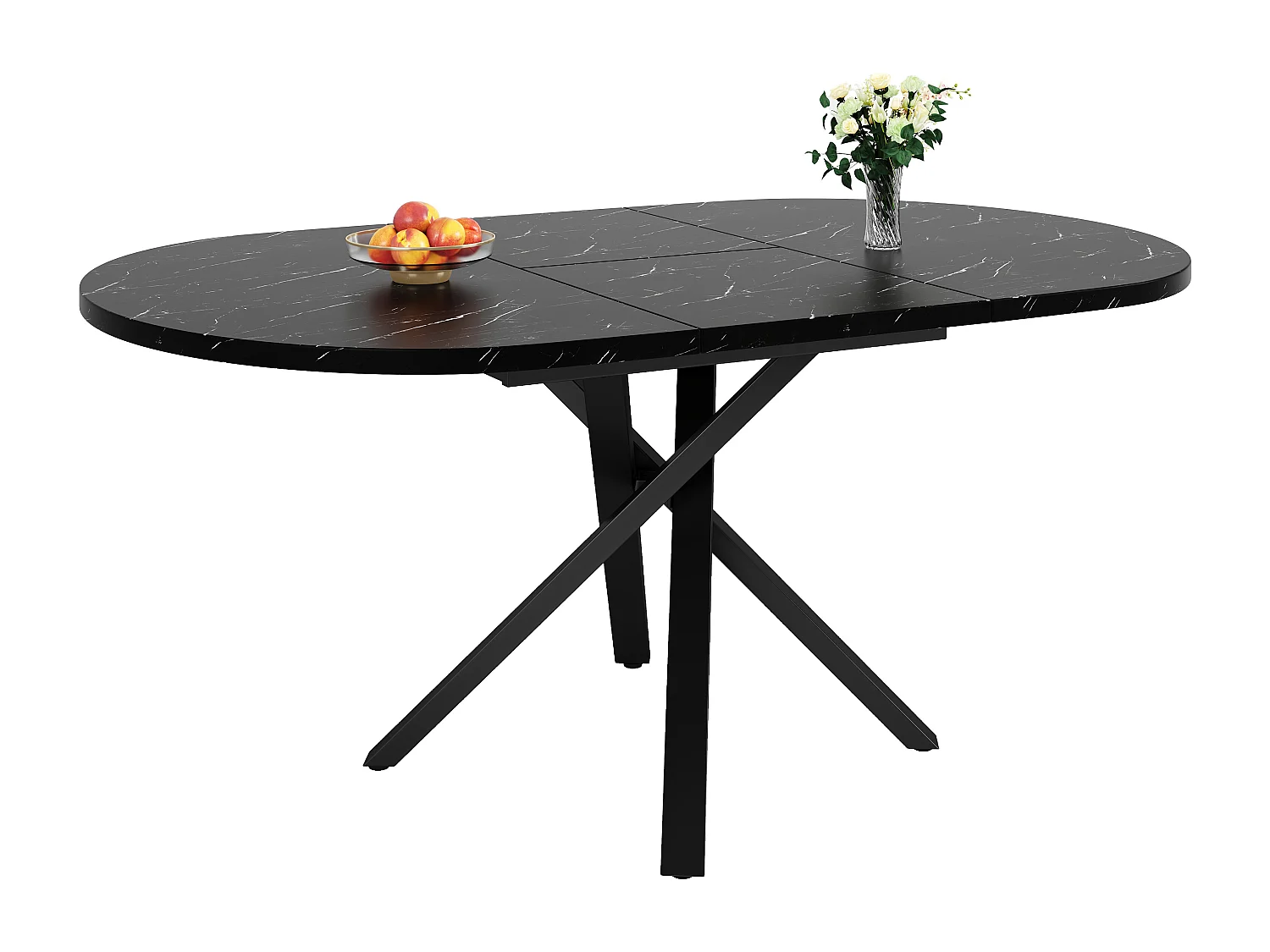 Mesa de jantar redonda extensível - efeito mármore - 100-140 x 75,5 cm - Pés da mesa de metal - preto