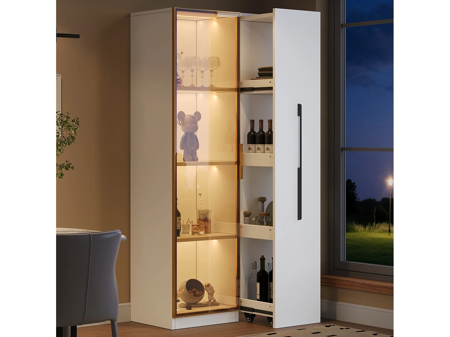 Vitrine mit LED 70x40x160 cm - 1 Glastür und 1 ausziehbarer Seitenschublade - Rollen - MDF + Glas - Weiß