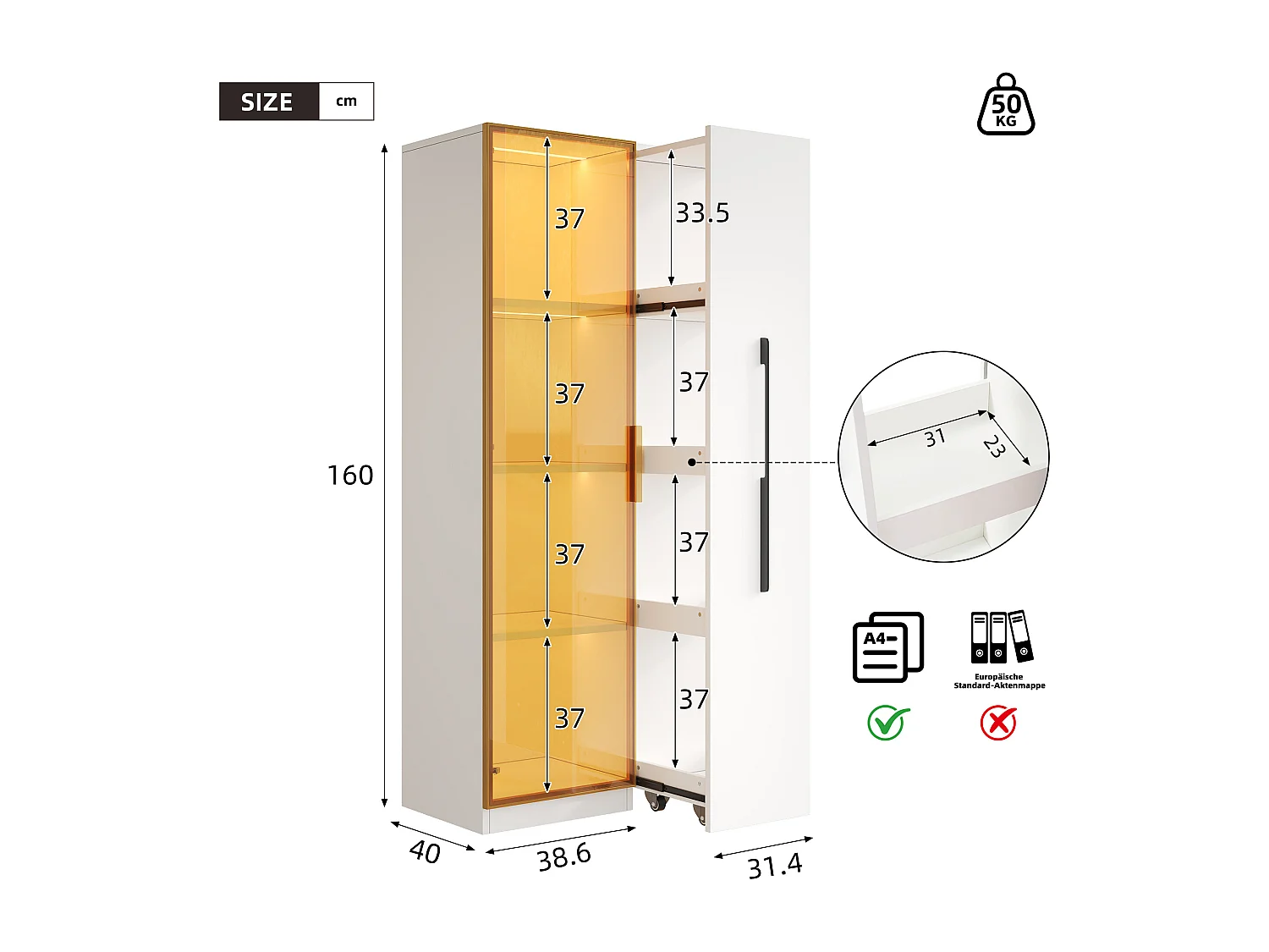 Vitrine mit LED 70x40x160 cm - 1 Glastür und 1 ausziehbarer Seitenschublade - Rollen - MDF + Glas - Weiß