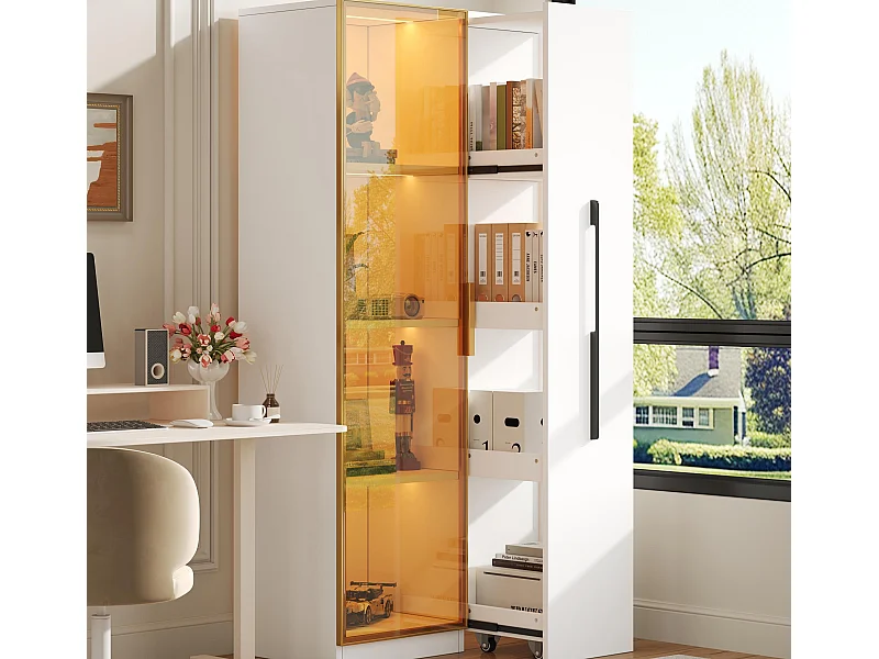 Vitrine mit LED 70x40x160 cm - 1 Glastür und 1 ausziehbarer Seitenschublade - Rollen - MDF + Glas - Weiß