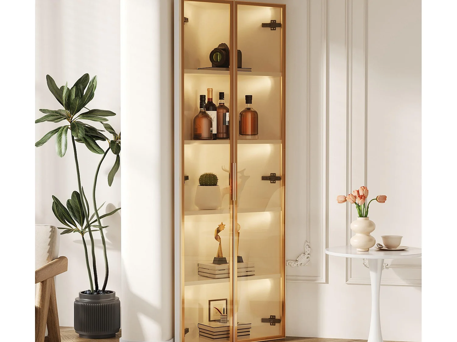 Vitrine d'angle 62x35x160 cm - avec éclairage LED - 2 portes en verre trempé - Design d'angle - MDF + verre - Blanc