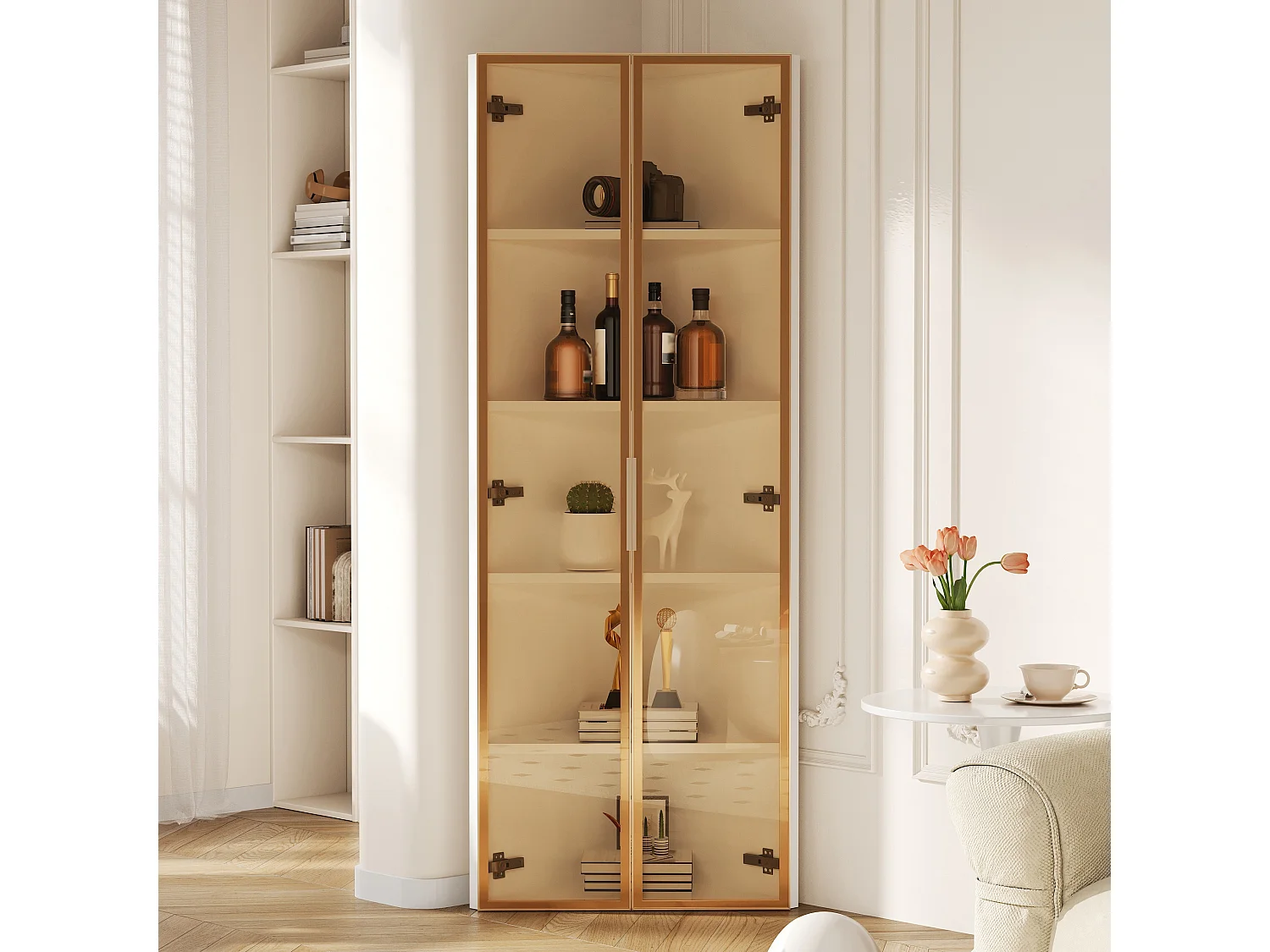 Vitrine d'angle 62x35x160 cm - avec éclairage LED - 2 portes en verre trempé - Design d'angle - MDF + verre - Blanc