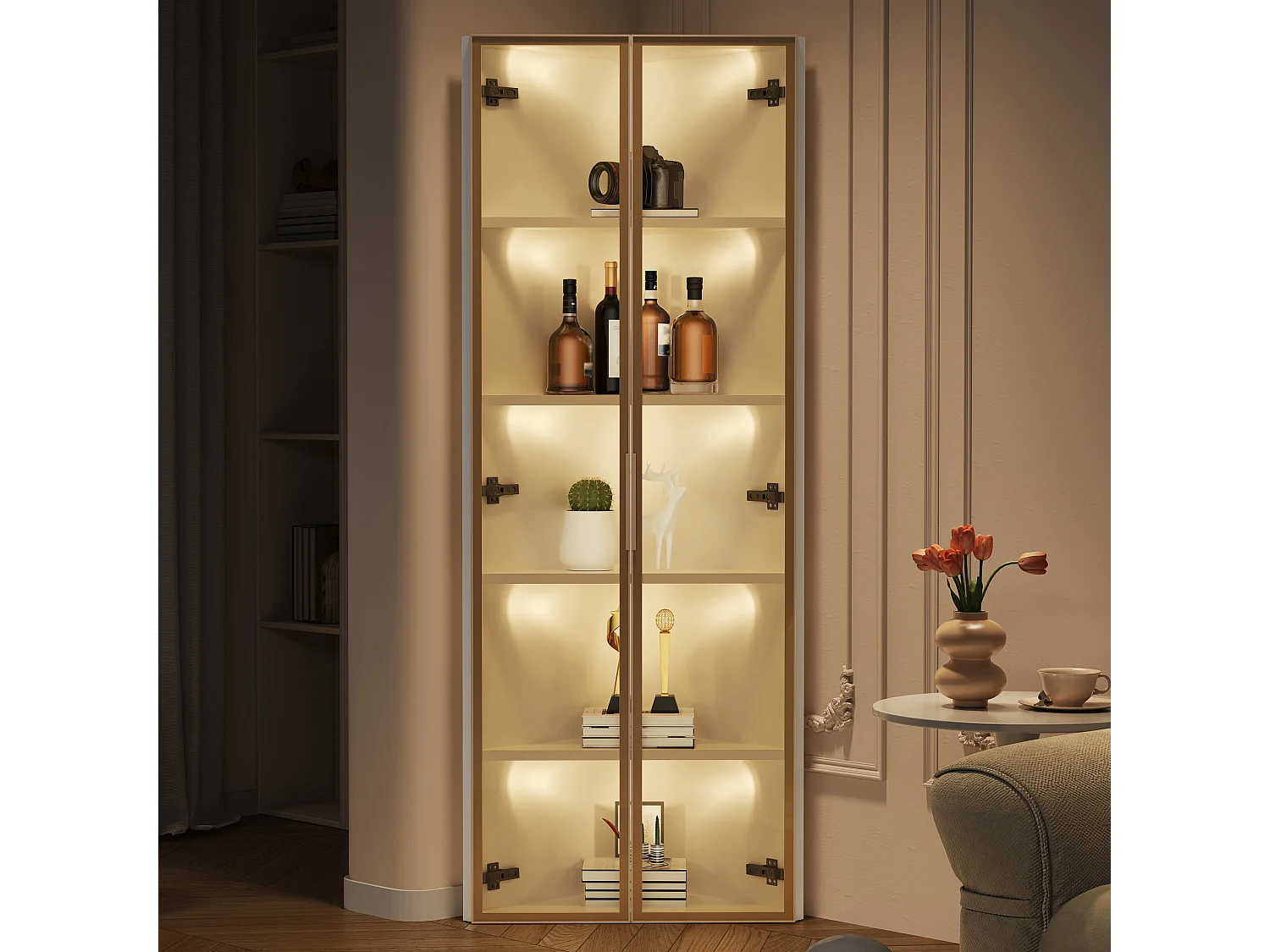 Vitrine d'angle 62x35x160 cm - avec éclairage LED - 2 portes en verre trempé - Design d'angle - MDF + verre - Blanc