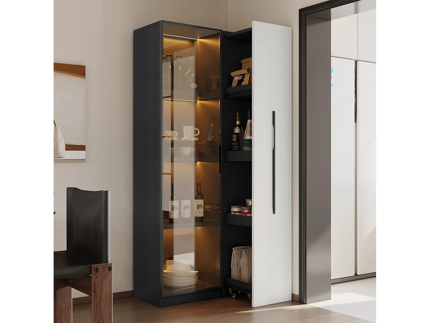 Mobile Vitrine 70x40x160 cm - Bücherregal - LED-Beleuchtung - 1 Glastür und 1 Schublade - mit Rollen - MDF - Schwarz und Weiß