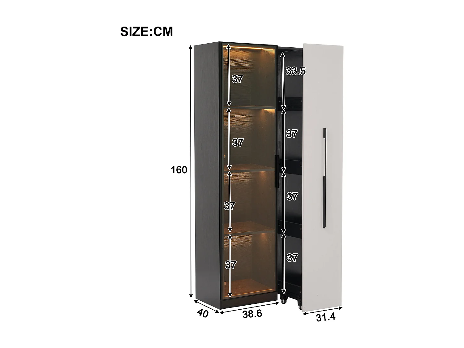 Mobile Vitrine 70x40x160 cm - Bücherregal - LED-Beleuchtung - 1 Glastür und 1 Schublade - mit Rollen - MDF - Schwarz und Weiß