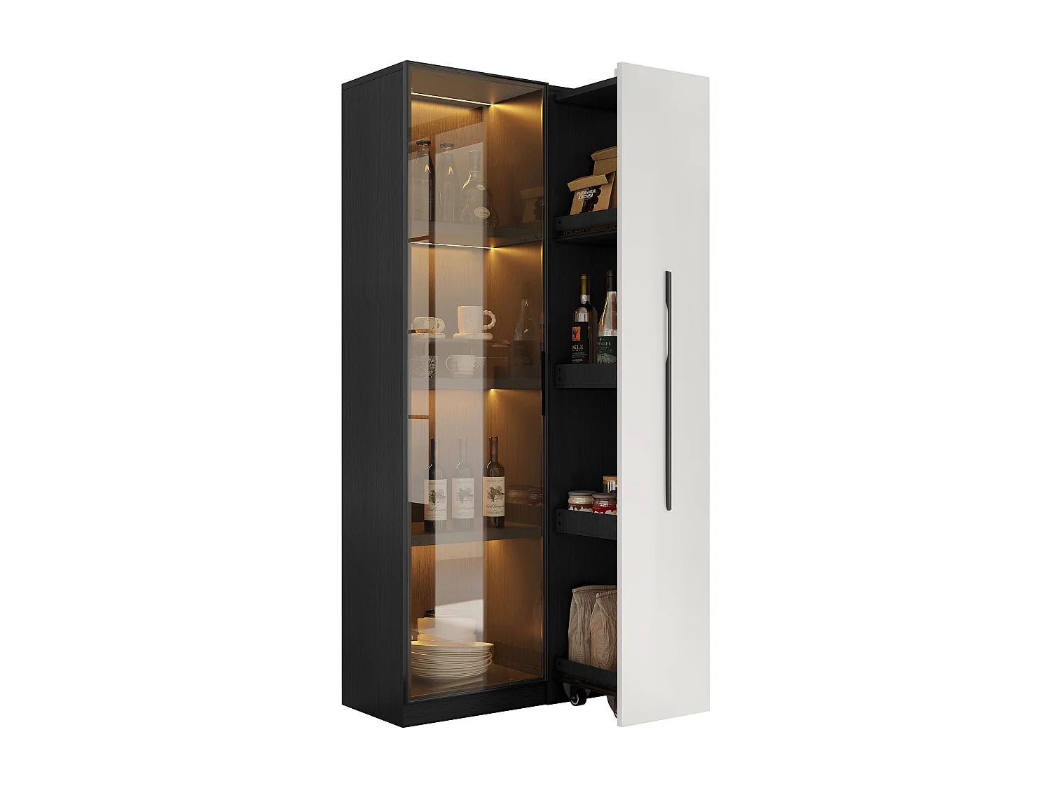 Mobile Vitrine 70x40x160 cm - Bücherregal - LED-Beleuchtung - 1 Glastür und 1 Schublade - mit Rollen - MDF - Schwarz und Weiß