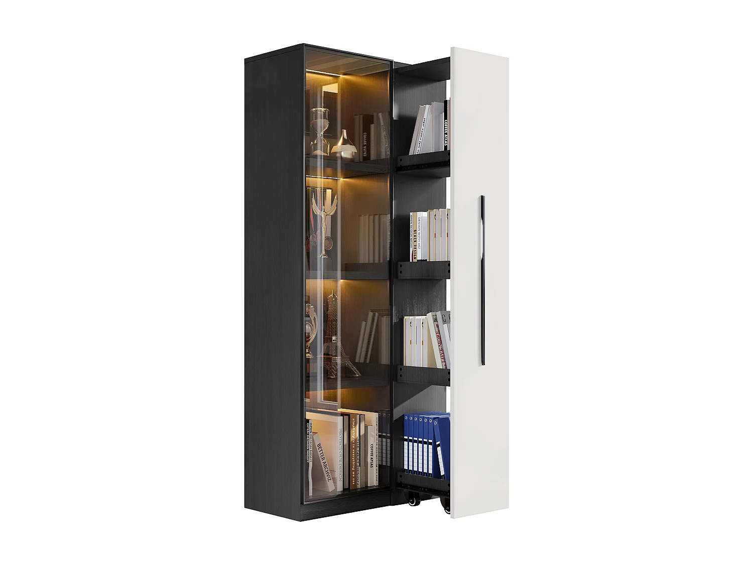 Mobile Vitrine 70x40x160 cm - Bücherregal - LED-Beleuchtung - 1 Glastür und 1 Schublade - mit Rollen - MDF - Schwarz und Weiß