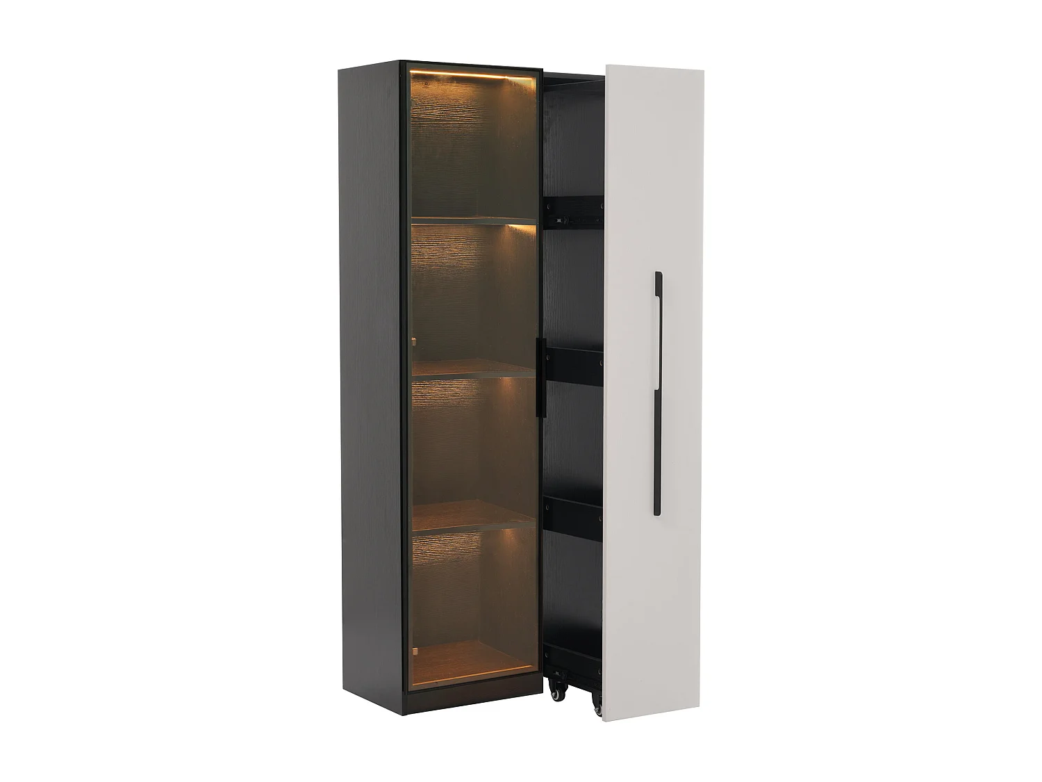 Mobile Vitrine 70x40x160 cm - Bücherregal - LED-Beleuchtung - 1 Glastür und 1 Schublade - mit Rollen - MDF - Schwarz und Weiß