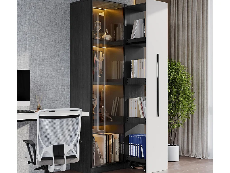 Mobile Vitrine 70x40x160 cm - Bücherregal - LED-Beleuchtung - 1 Glastür und 1 Schublade - mit Rollen - MDF - Schwarz und Weiß