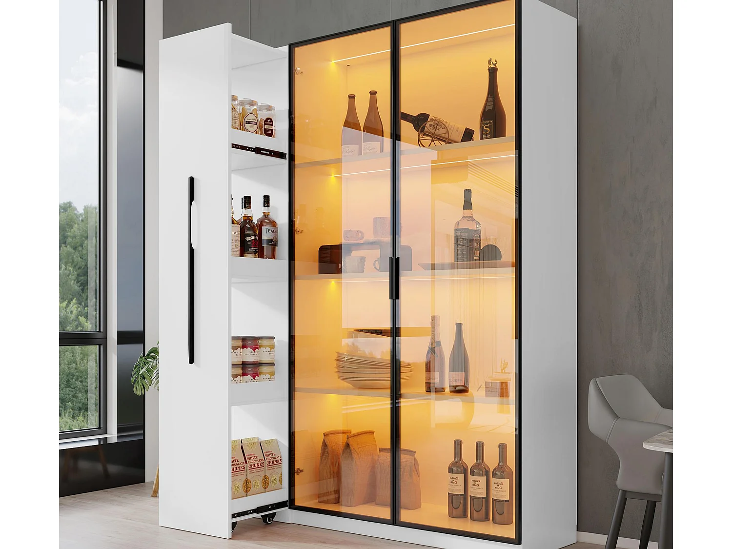 Mobile Vitrine 110,5x35x160 cm - mit großer Auszugsschublade - mit LED-Beleuchtung - 2 Glastüren - MDF - Weiß