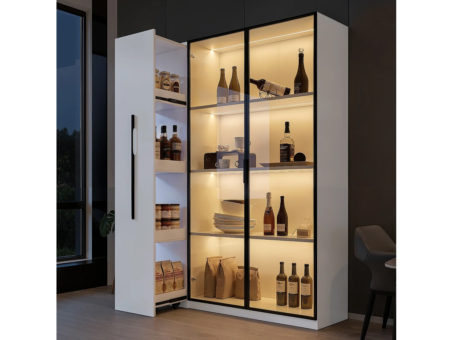 Mobile Vitrine 110,5x35x160 cm - mit großer Auszugsschublade - mit LED-Beleuchtung - 2 Glastüren - MDF - Weiß
