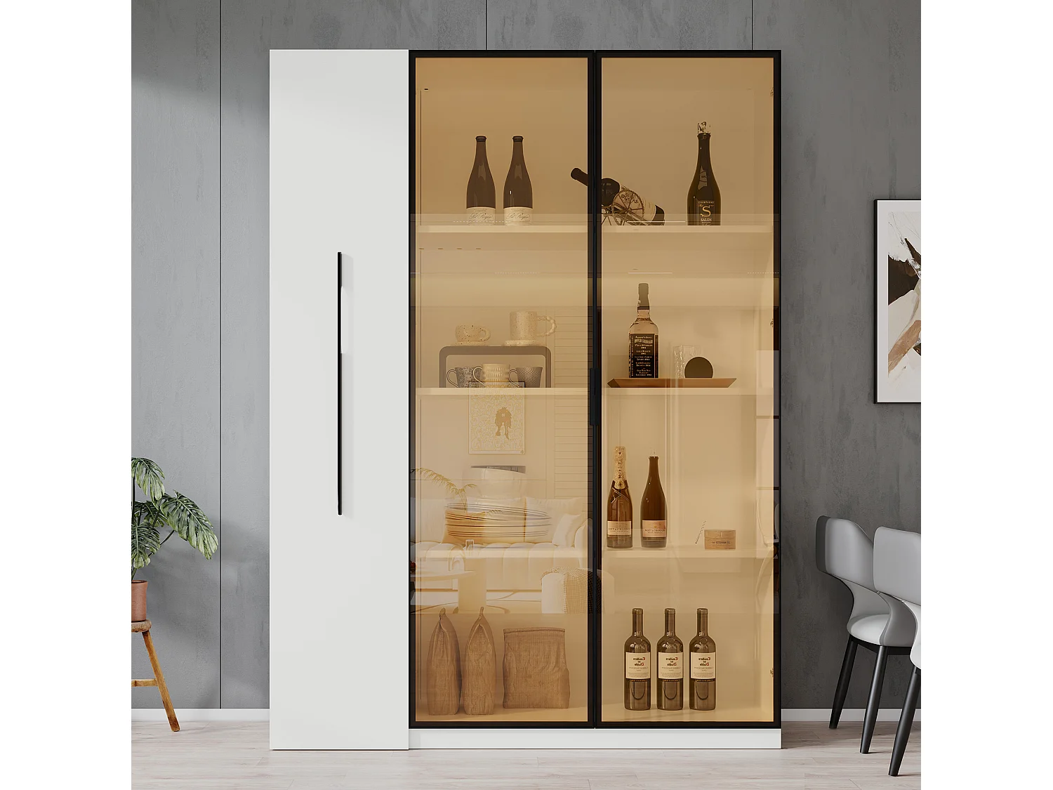 Mobile Vitrine 110,5x35x160 cm - mit großer Auszugsschublade - mit LED-Beleuchtung - 2 Glastüren - MDF - Weiß