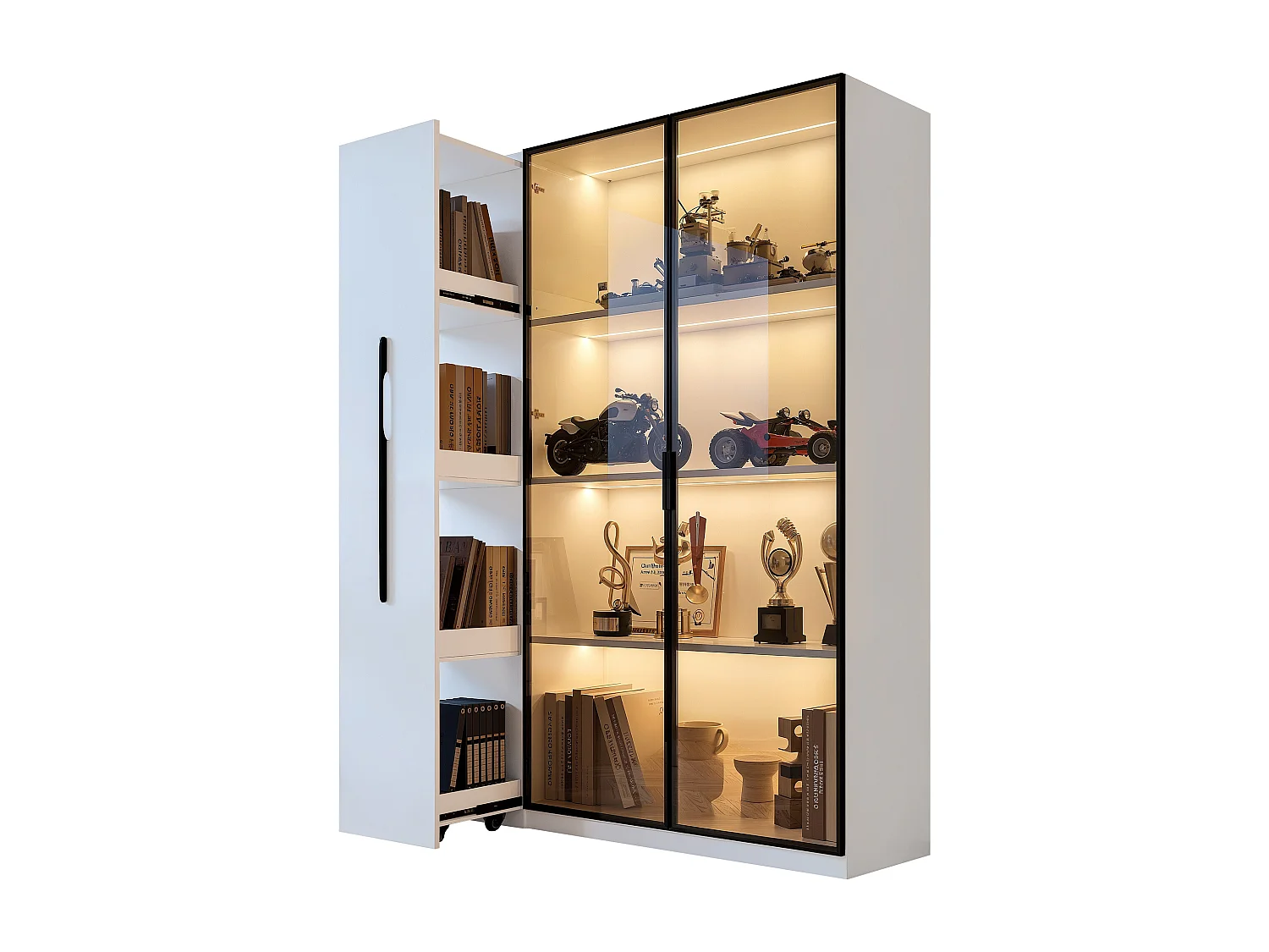 Mobile Vitrine 110,5x35x160 cm - mit großer Auszugsschublade - mit LED-Beleuchtung - 2 Glastüren - MDF - Weiß