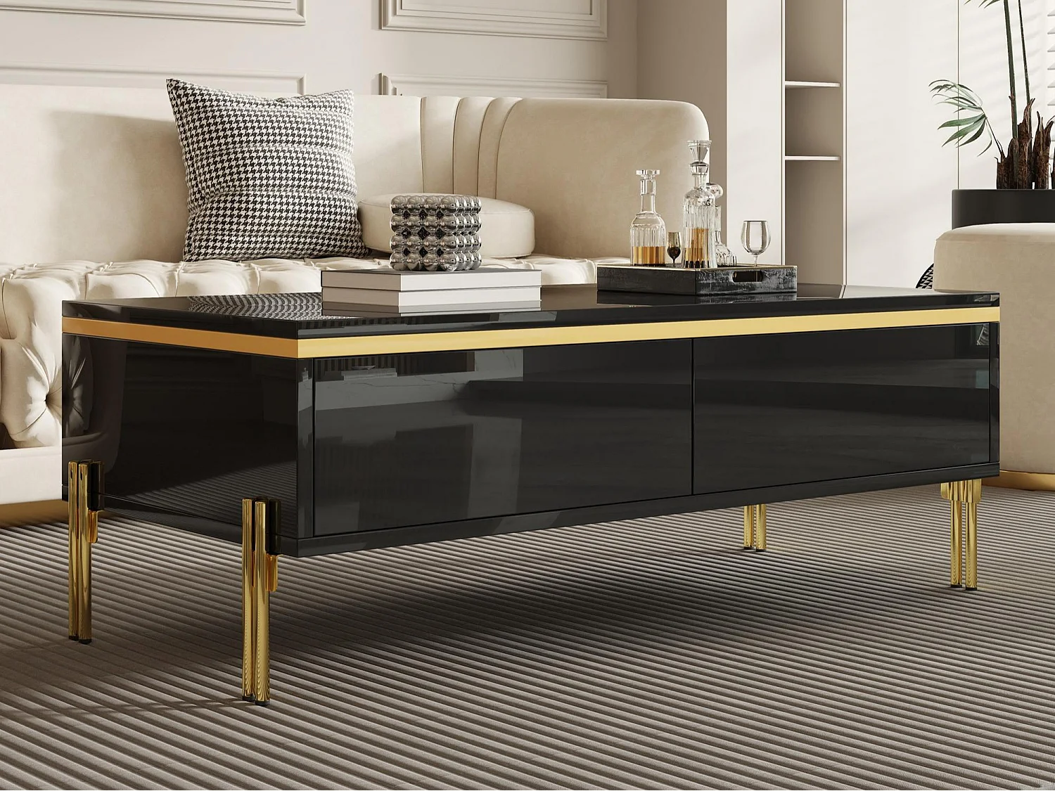 Hochglänzender lackierter Couchtisch 100x50x36 cm - 2 Schubladen - Metallfüße - Spanplatten - Schwarz