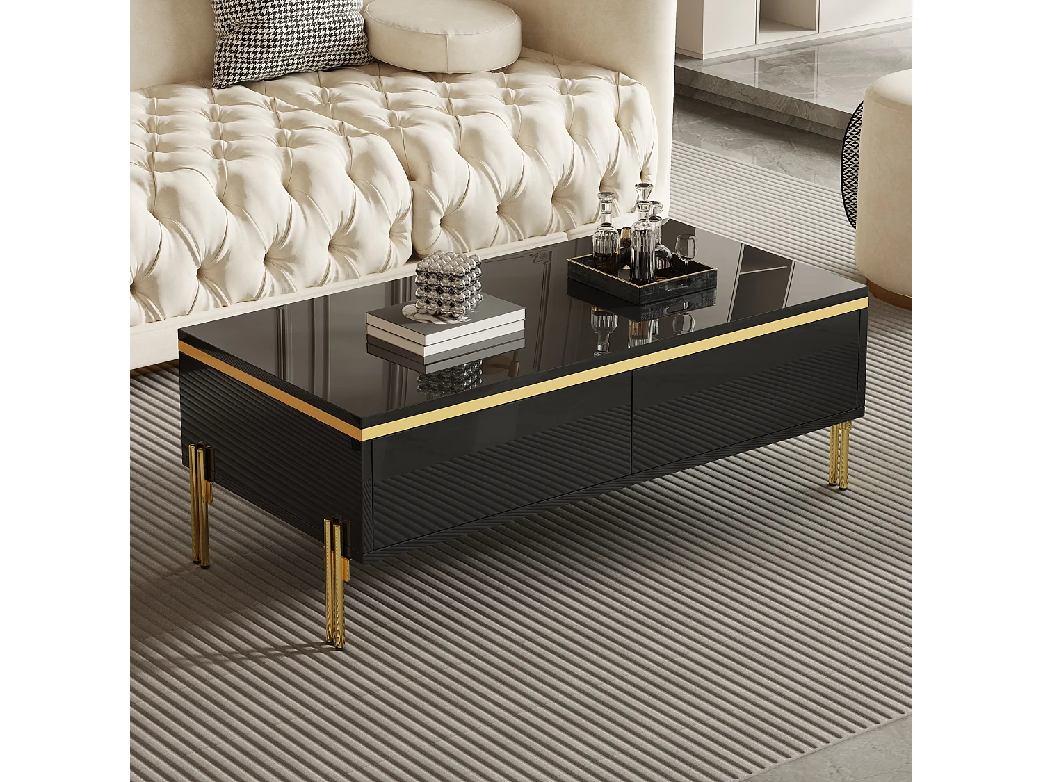 Hochglänzender lackierter Couchtisch 100x50x36 cm - 2 Schubladen - Metallfüße - Spanplatten - Schwarz