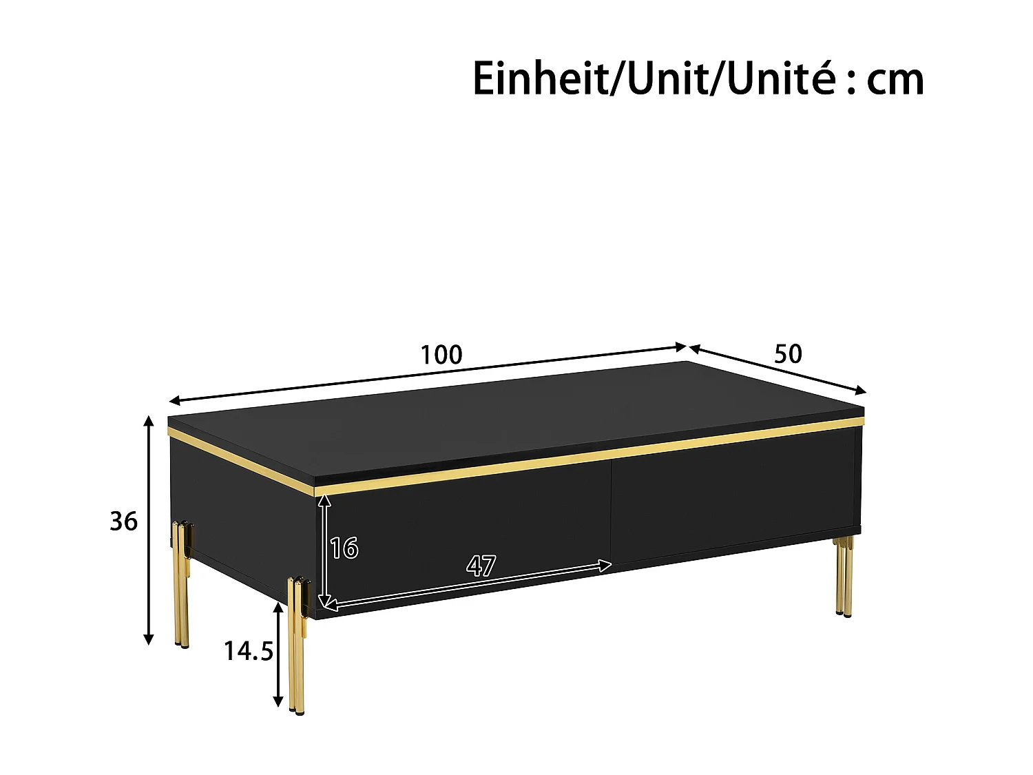 Hochglänzender lackierter Couchtisch 100x50x36 cm - 2 Schubladen - Metallfüße - Spanplatten - Schwarz