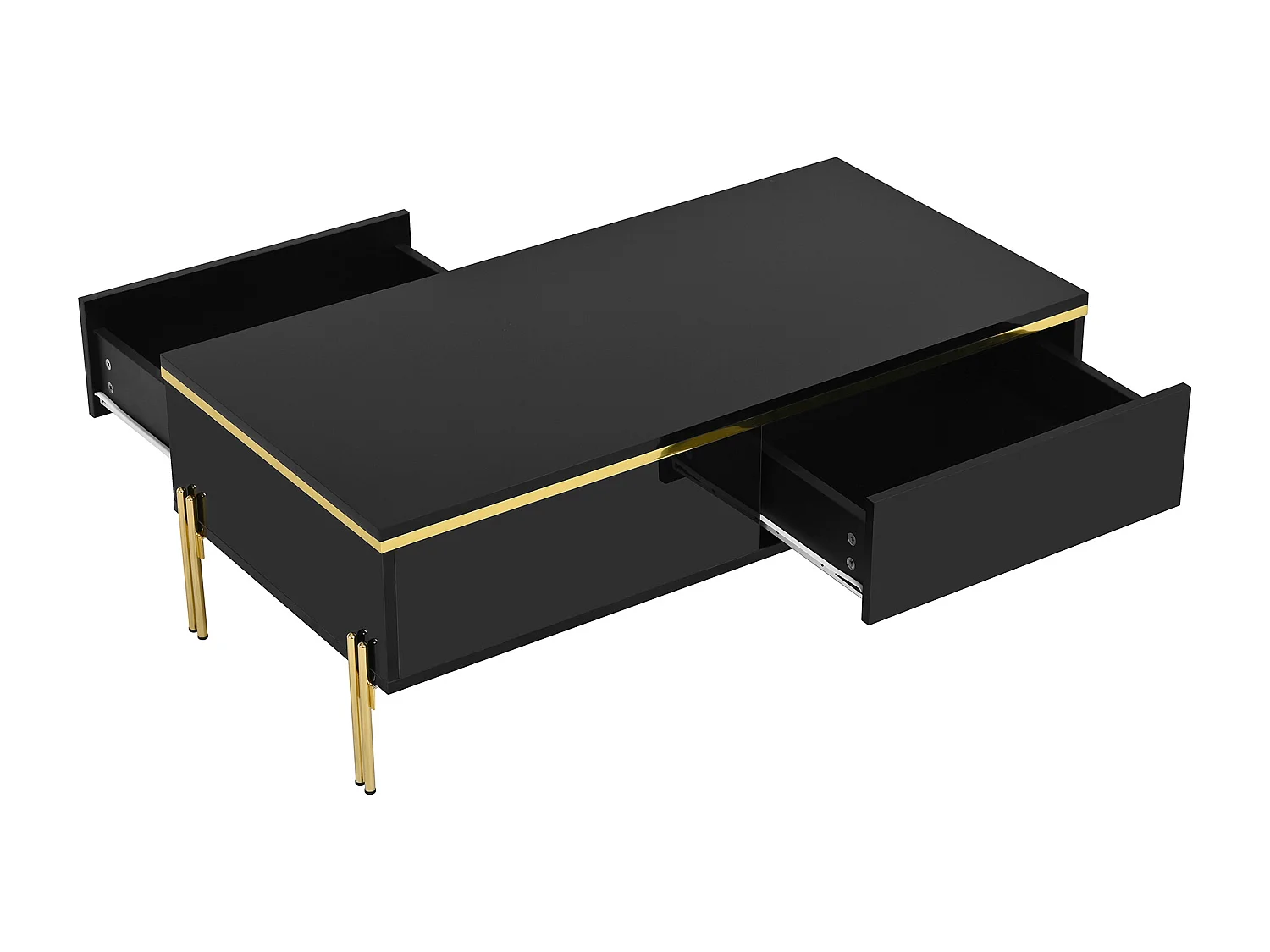 Hochglänzender lackierter Couchtisch 100x50x36 cm - 2 Schubladen - Metallfüße - Spanplatten - Schwarz