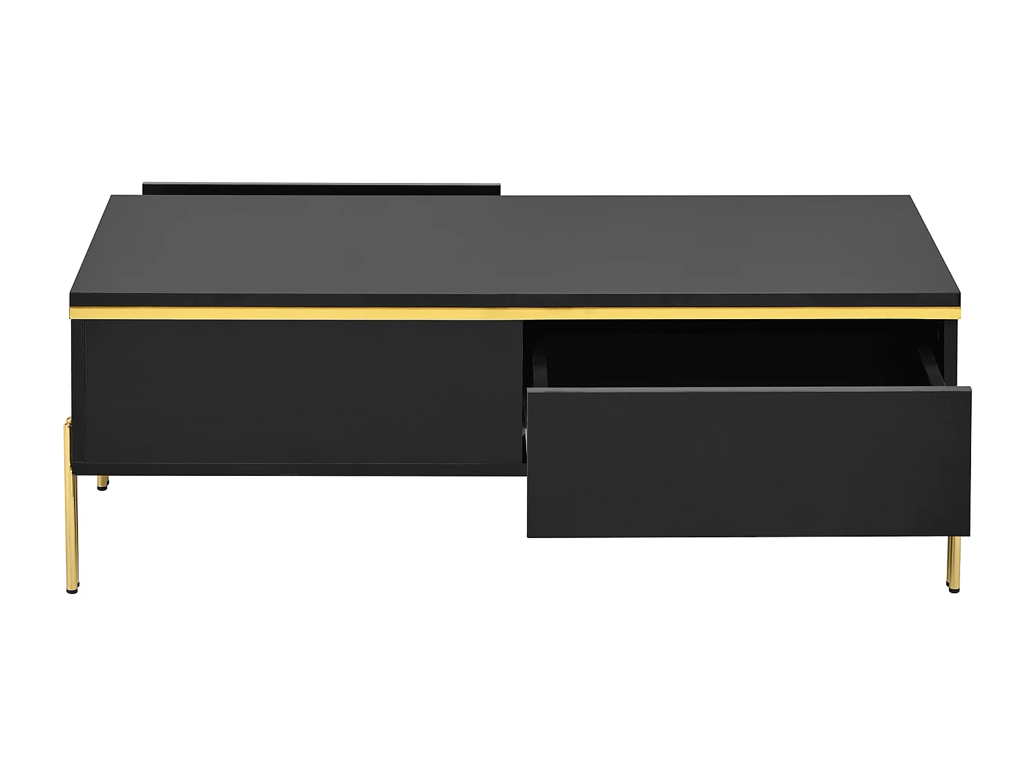 Hochglänzender lackierter Couchtisch 100x50x36 cm - 2 Schubladen - Metallfüße - Spanplatten - Schwarz