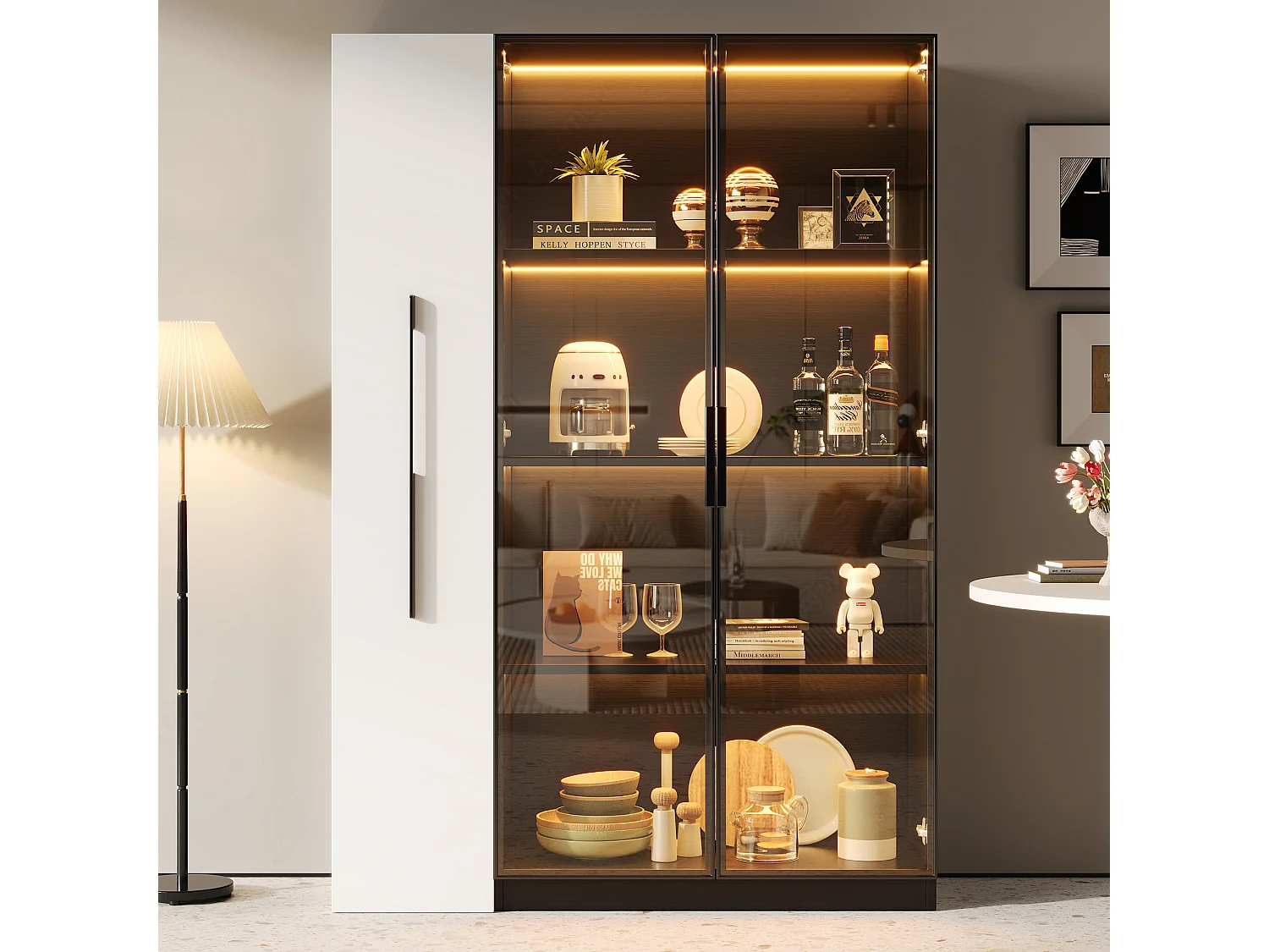 Vitrine 110,5x35x160 cm - mit LED-Beleuchtung - Seitliche Auszugsschublade - 2 Glastüren - Auf Rollen - MDF - Schwarz