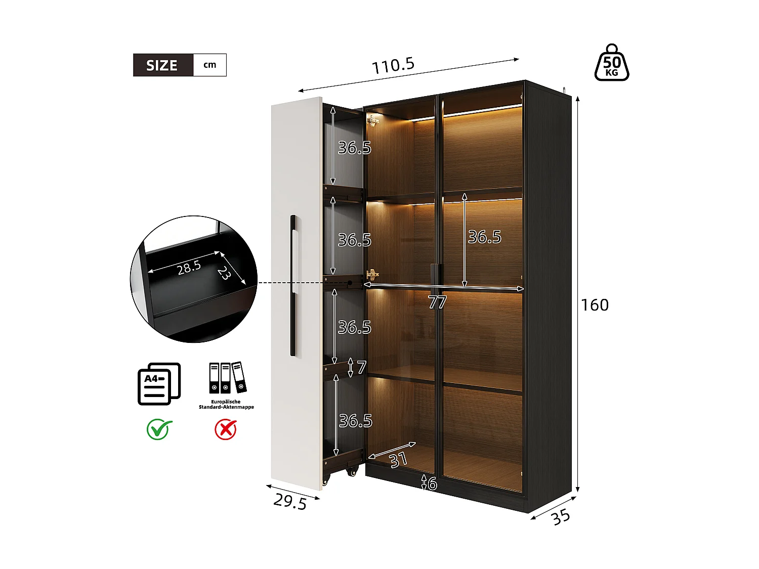 Vitrine 110,5x35x160 cm - mit LED-Beleuchtung - Seitliche Auszugsschublade - 2 Glastüren - Auf Rollen - MDF - Schwarz