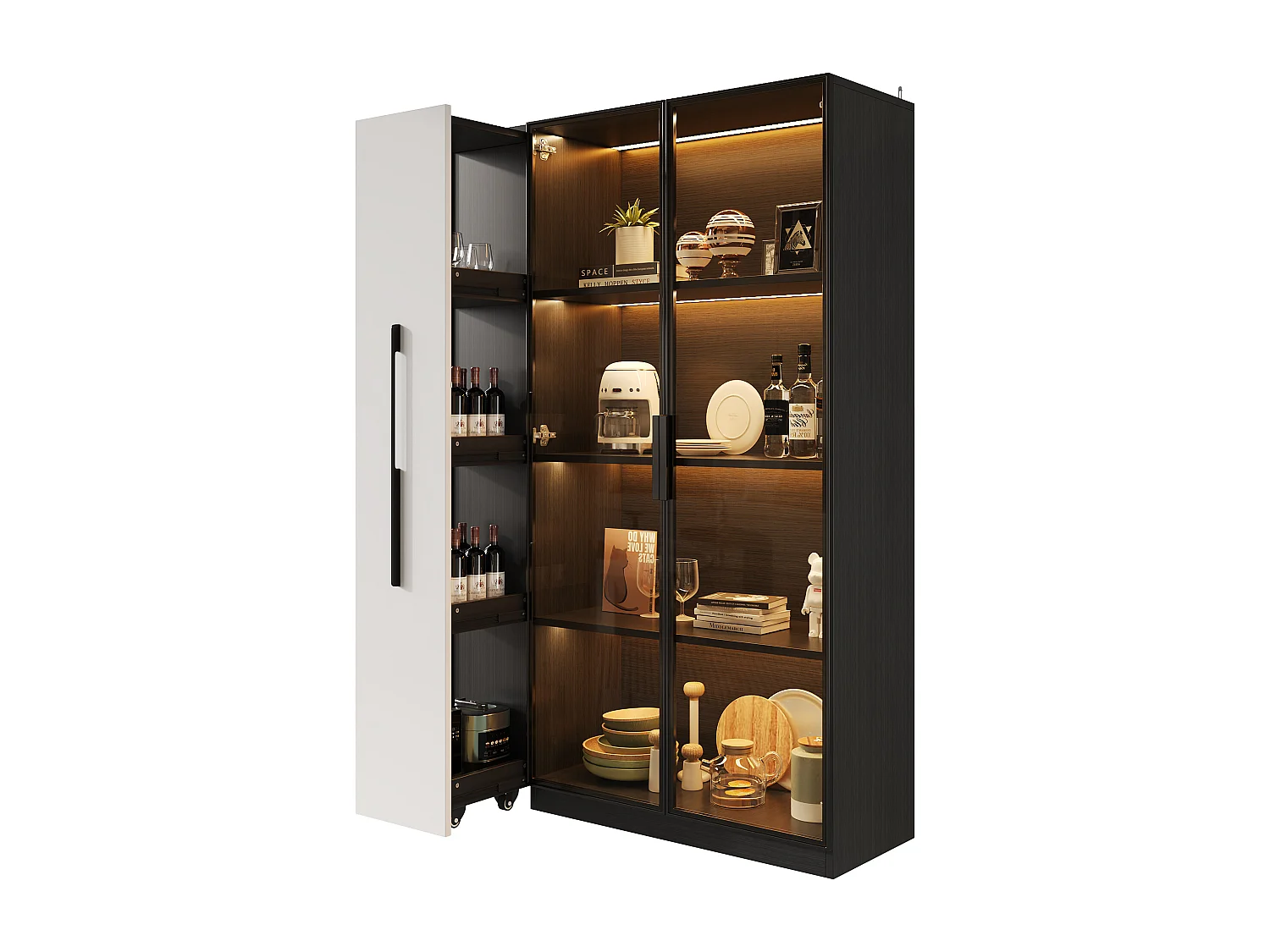 Vitrine 110,5x35x160 cm - mit LED-Beleuchtung - Seitliche Auszugsschublade - 2 Glastüren - Auf Rollen - MDF - Schwarz