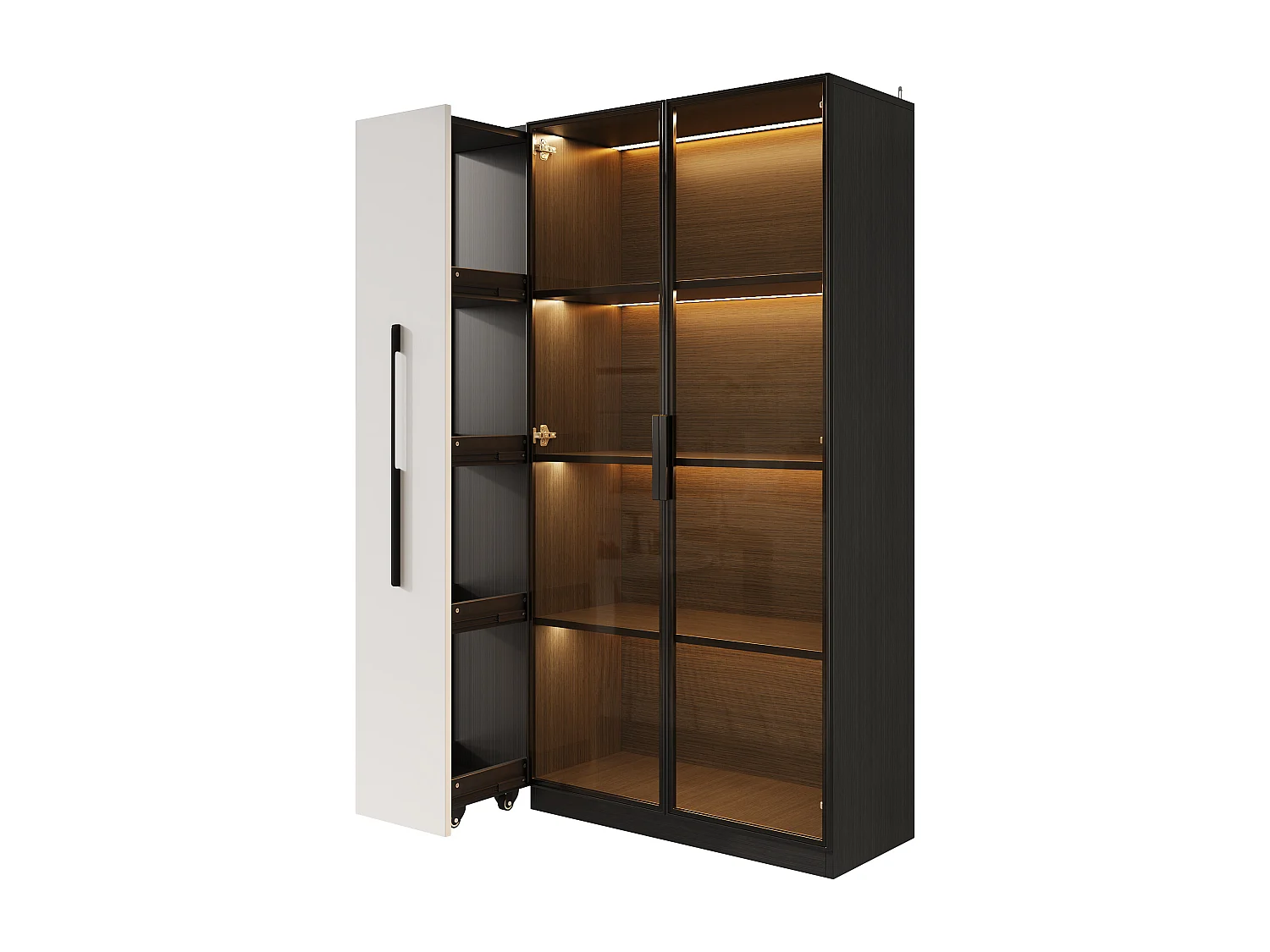 Vitrine 110,5x35x160 cm - mit LED-Beleuchtung - Seitliche Auszugsschublade - 2 Glastüren - Auf Rollen - MDF - Schwarz